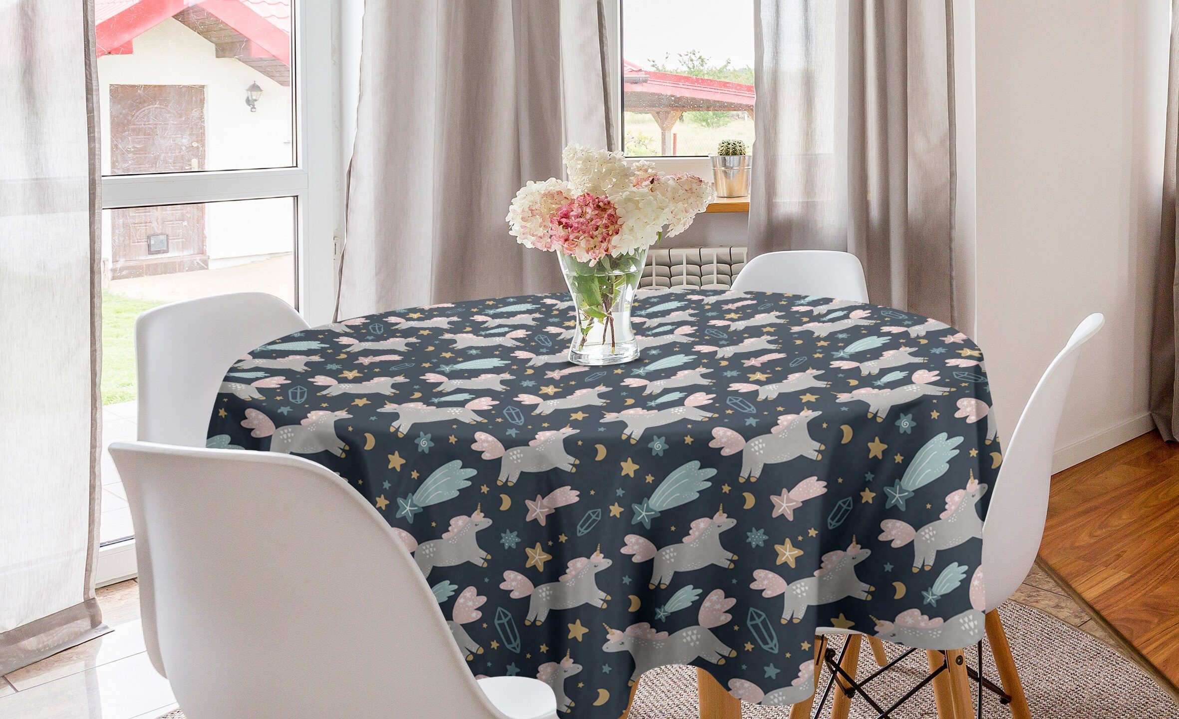 Abakuhaus Tischdecke Kreis Tischdecke Abdeckung für Esszimmer Küche Dekoration, Unicorn-Party Horned Pferde