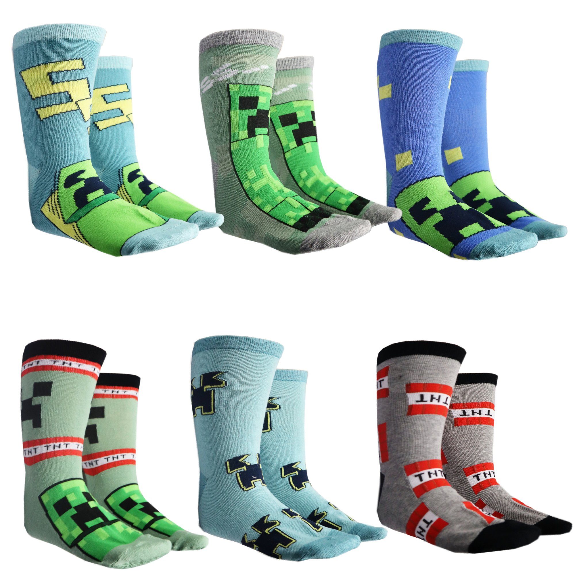 Minecraft Langsocken Minecraft Creeper Zombie Kinder Jungen lange Socken 6er Pack (6-Paar) Gr. 27 bis 38