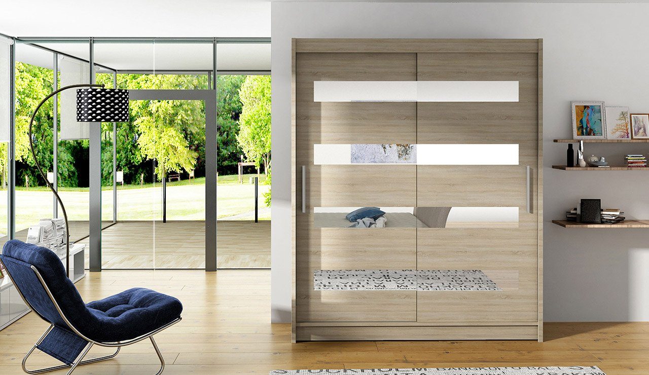 MIRJAN24 Kleiderschrank Westa XIII (mit Spiegel, Kleiderstange, Schiebetüren, Einlegeboden) Schlafzimmerschrank, Garderobenschrank, 2-türig