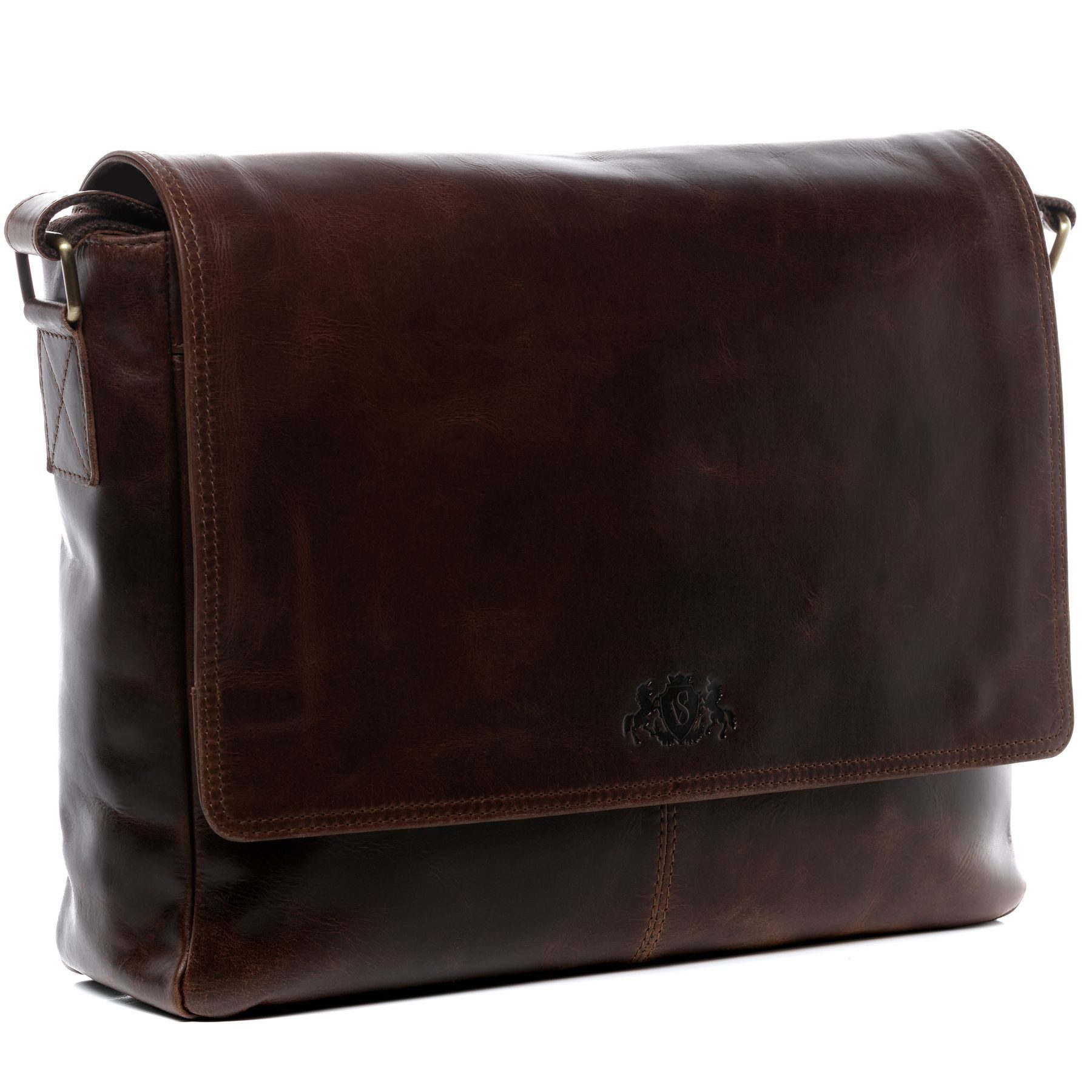 SID & VAIN Messenger Bag SPENCER groß Laptop-Tasche 15 Zoll echt Leder, Umhaengetasche Laptop Fach Herren Damen Schultertasche braun