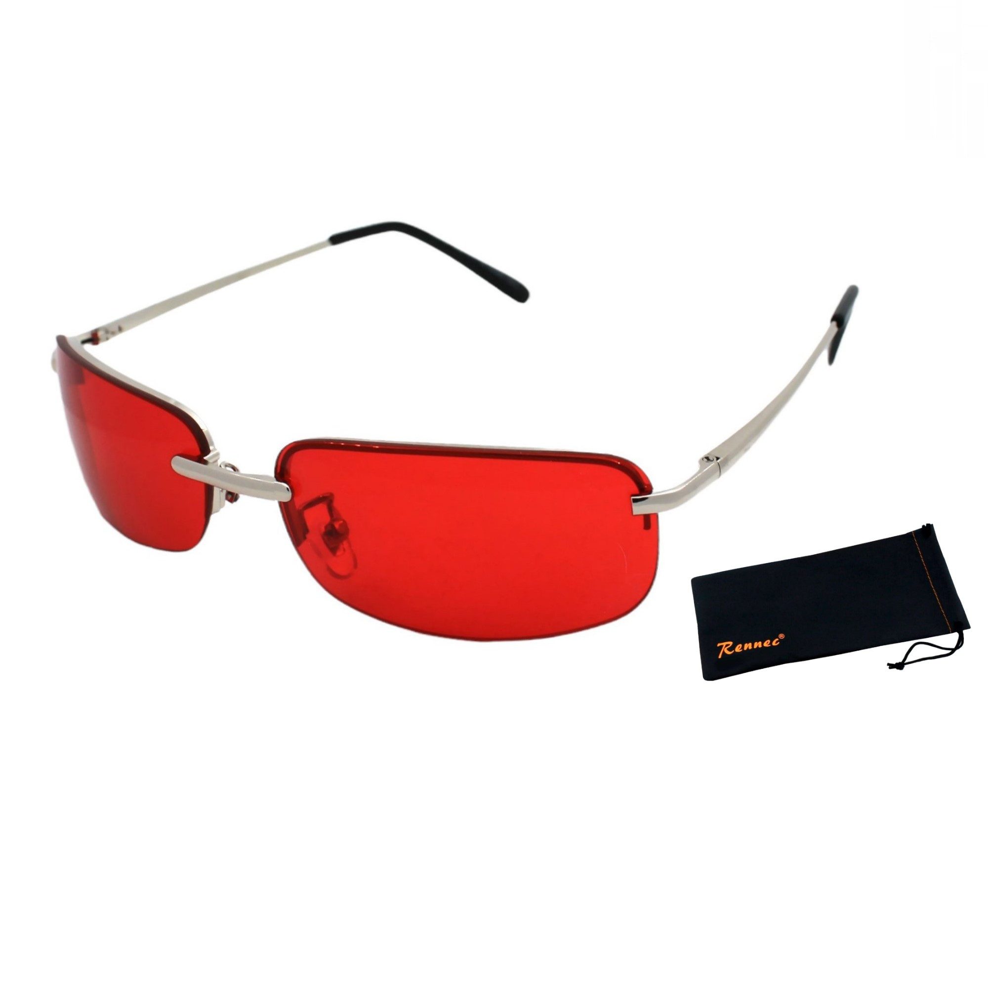 Rennec Sonnenbrille Rechteckig Schmal Gläser Rot Getönt UV400 mit Brillenbeutel Stabiles Edelstahl Gestell, Randlose Gläser, Frameless