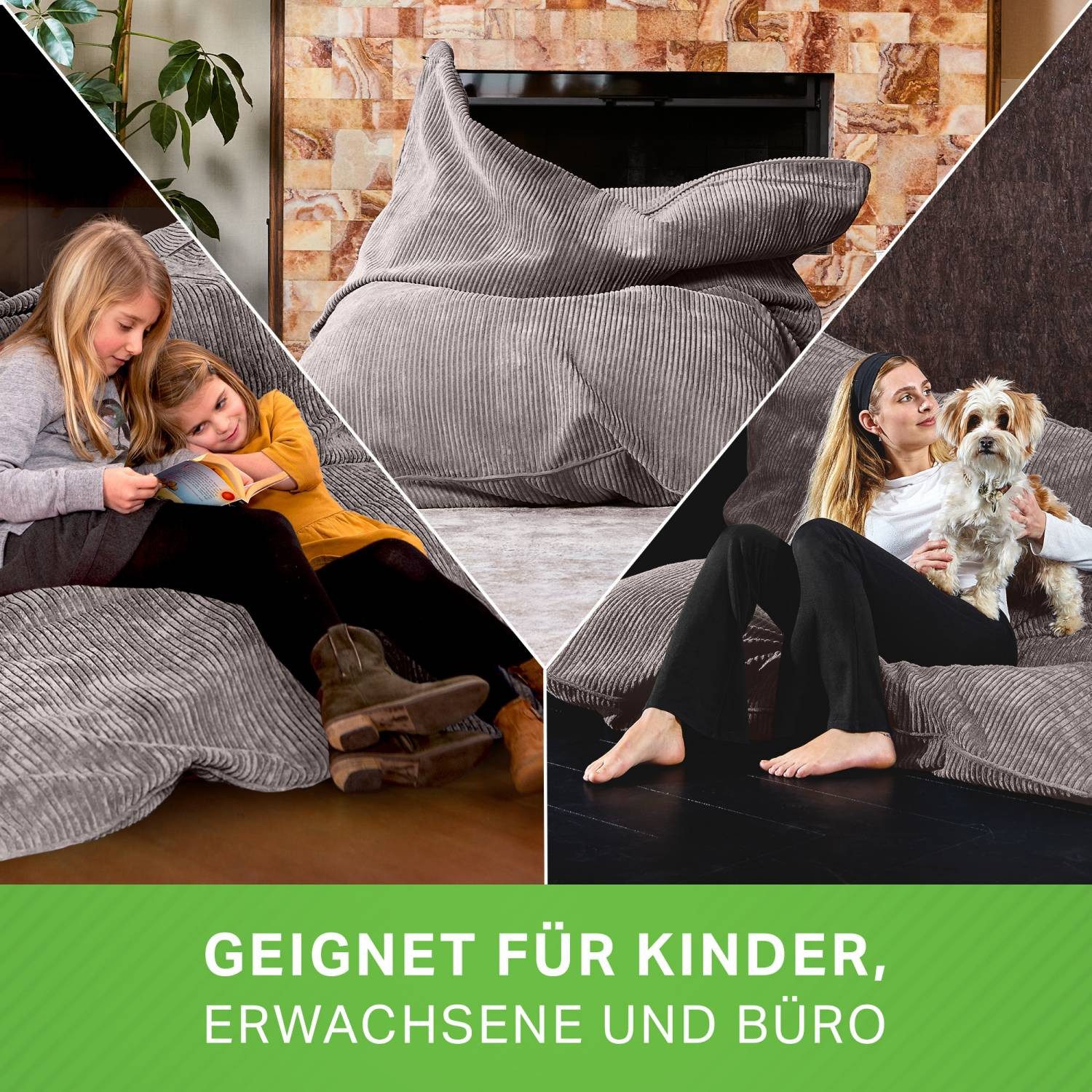 Green Bean Sitzsack XXL Riesen Sitzsack Square aus Cord (XXL aus Cordstoff 370 Liter mit EPS-Perlen Füllung, Kuschelig Weich Waschbar), Sitzkissen Lounge Chair Relax-Sessel Kinder Erwachsene