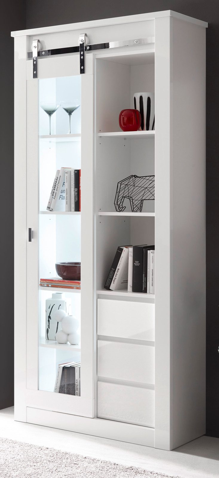 Furn.Design Vitrine Miami (Vitrinenschrank in Weiß Hochglanz mit Chrom, 93 x 201 cm) mit Schiebetür, Soft-Close-Funktion