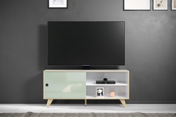 möbelando TV-Board Ankeny, TV-Lowboard im skandinavischen Design, Korpus aus Spanplatte, Front aus MDF in Weiß-Hochglanz, Absetzungen in Grün Hochglanz mit 1 Holztür, 2 Einlegeböden und 2 offenen Fächern. Breite 145 cm, Höhe 63 cm, Tiefe 40 cm