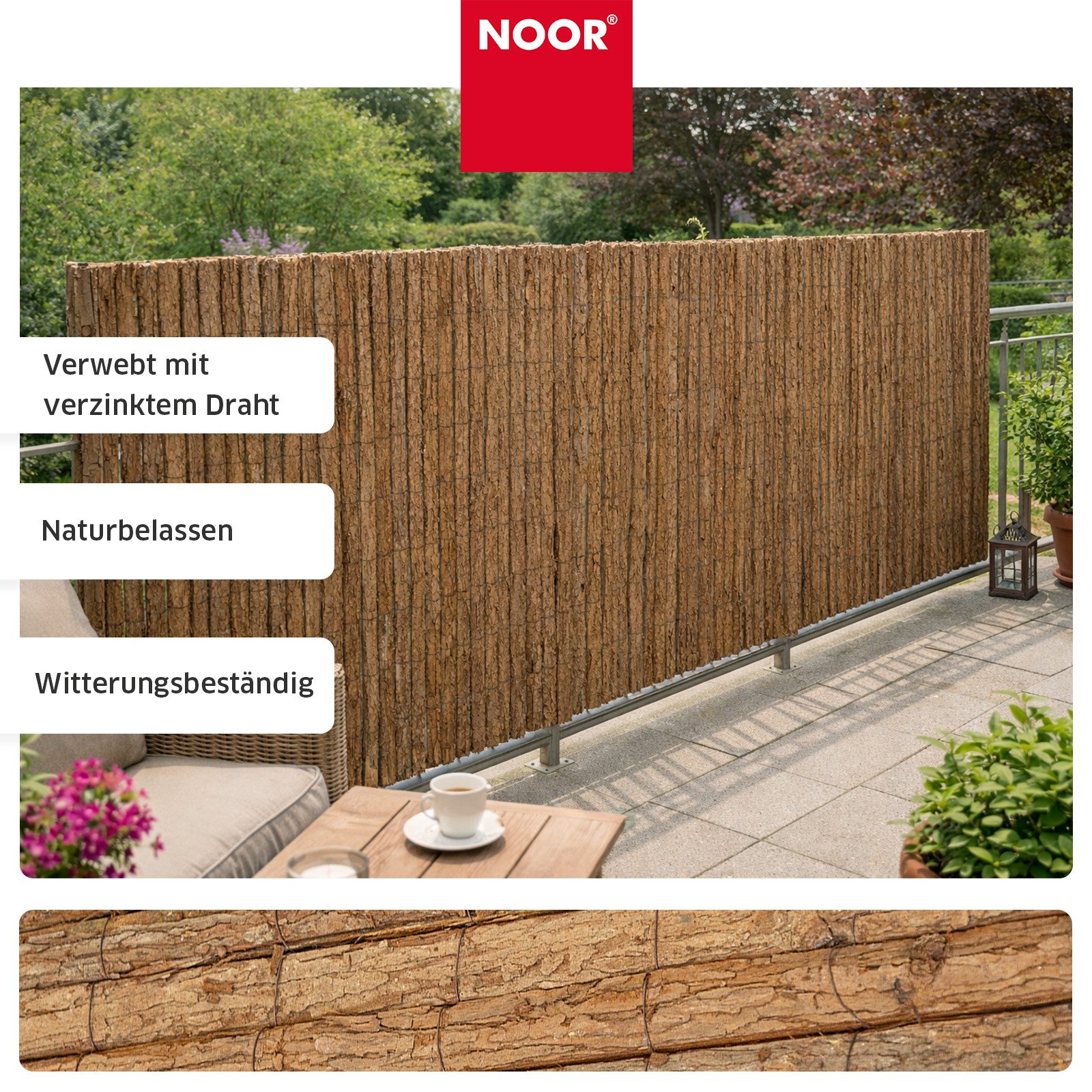 NOOR Sichtschutzzaunmatten Rindenmatte COUNTRY - natürlicher Sichtschutz aus Rindenstreifen, witterungsbeständig mit rustikaler Optik