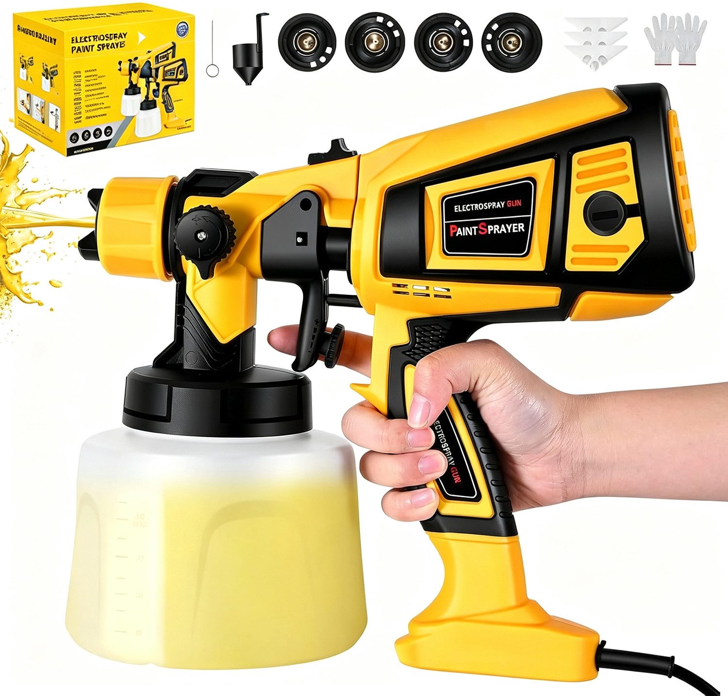 AKKEE Farbsprühpistole Elektrisches Farbsprühsystem,1400ml 850W Elektro Lackierpistole, 4 Kupferdüse und 3 Muster,für den Innen- und Außenbereich