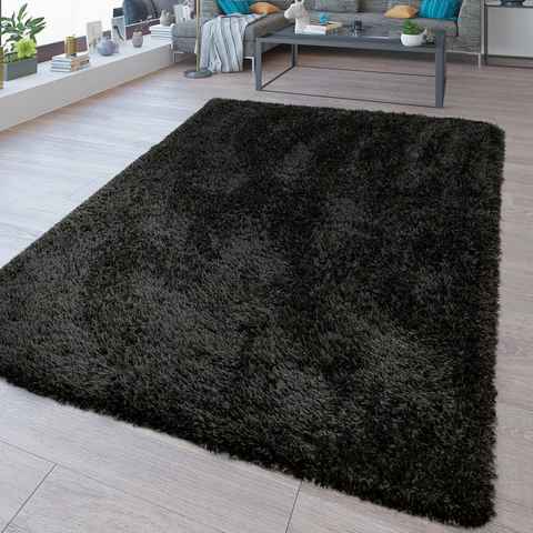 Hochflor-Teppich Waschbarer Hochflor Teppich Shaggy Flokati Look In Uni Schwarz, TT Home, Läufer, Höhe: 44 mm