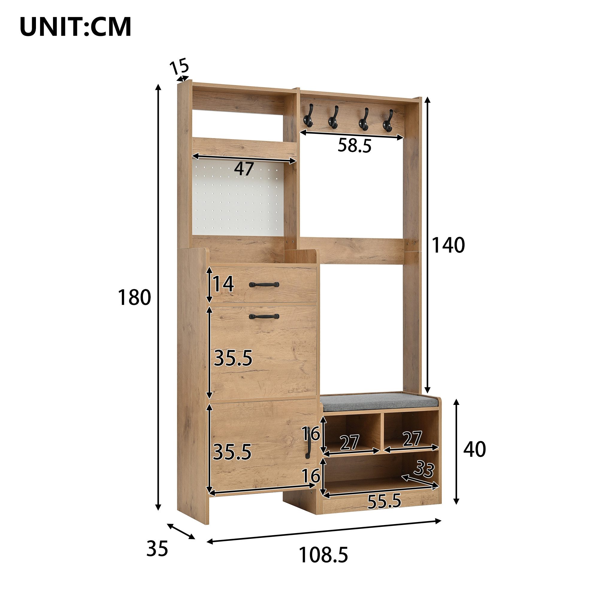 Flieks Garderoben-Set mit Schuhschrank, Sitzbank, 4 Haken, Pegboard, Klappen & Schubladen, (B108,5xT35xH180 cm, 1-St., Holzoptik), Garderobenständer mit Schuhre – Bild 5 von 5