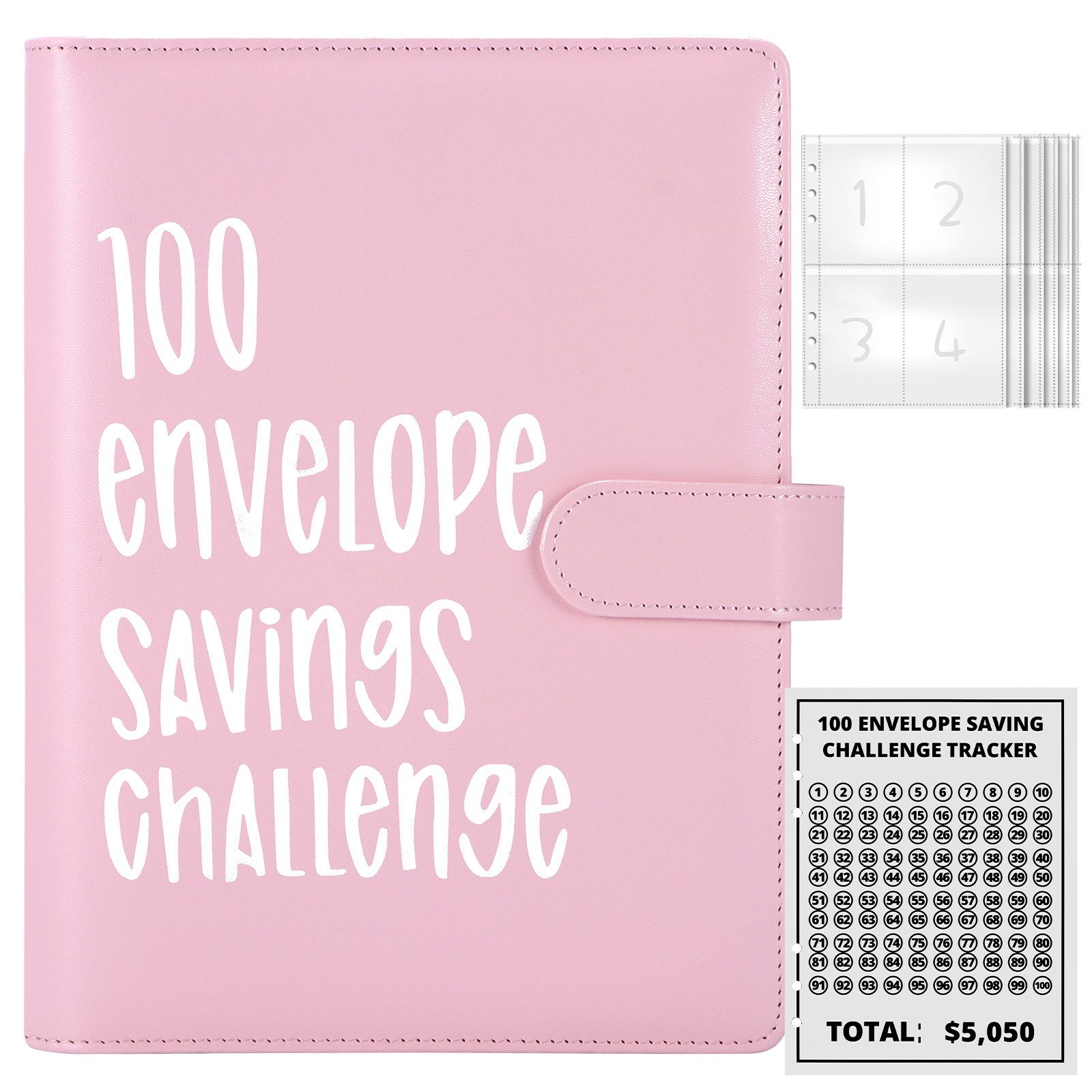 BlingBin Ringbuchmappe Geldsparbinder Budget Planner, 100 Umschläge A5 Geldspar-Ordner (1er Set, 1-St., mit 100 Sparchallenges & 25 Innenseiten, A5 Leder Budget Binder), Geldspar-Brieftasche mit Geldumschlägen und 25 Karten leicht zu sparen
