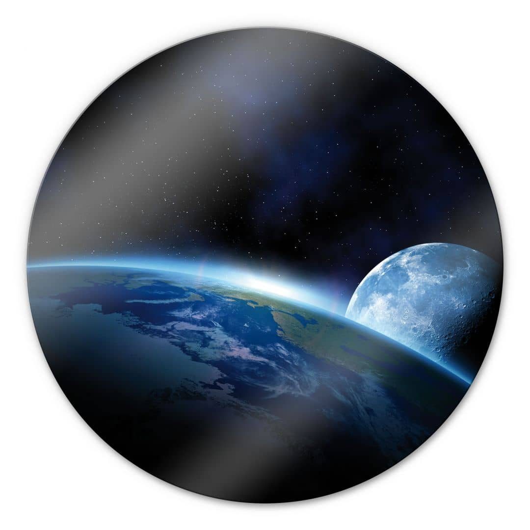 K&L Wall Art Gemälde Glas Wandbild Rund Glasbild Planet Erde Mond Universum NASA, Wandschutz Deko Bilder