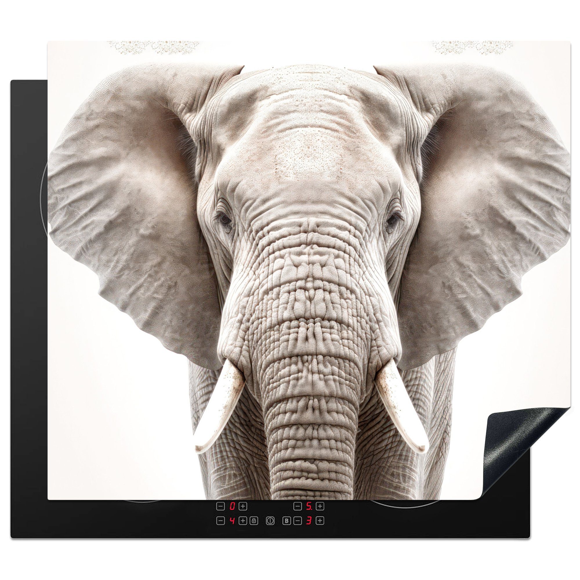 MuchoWow Herdblende-/Abdeckplatte Elefant - Wildtiere - Porträt - Weiß, Vinyl, (1 tlg), 60x52 cm, Mobile Arbeitsfläche nutzbar, Ceranfeldabdeckung