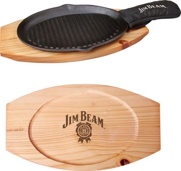 Jim Beam BBQ Grillpfanne, Gusseisen (Set, 3-tlg), inkl. Holzuntersetzer und Griffüberzug