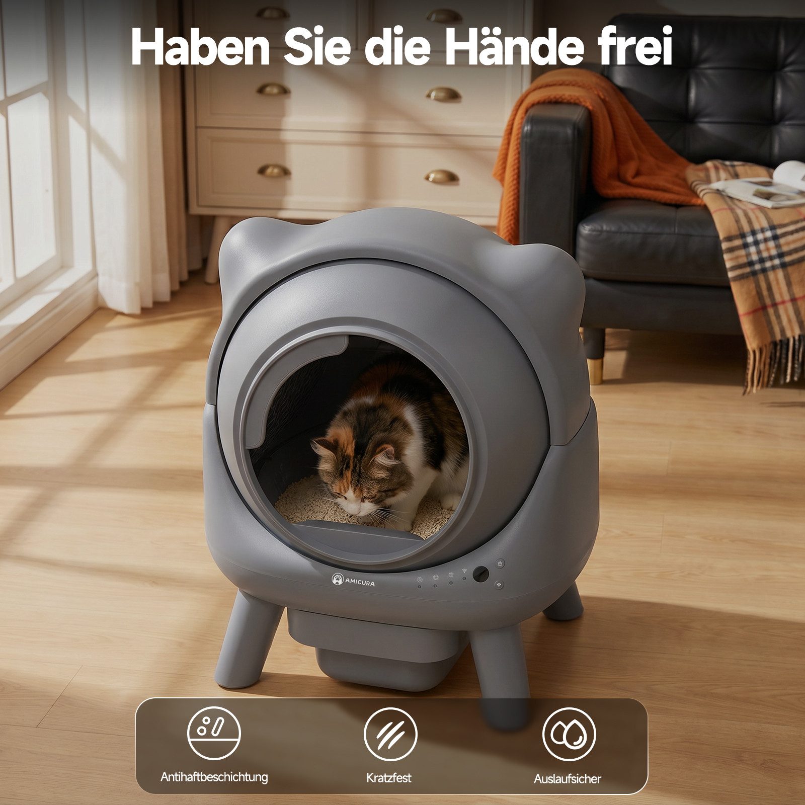 AmiCura Katzenecktoilette 2026 katzenklo selbstreinigend 95L/12 selbstreinigende katzentoilette, XXL Katzenklo 95L+12L, 50 dB leise, sicher für mehrere Katzen