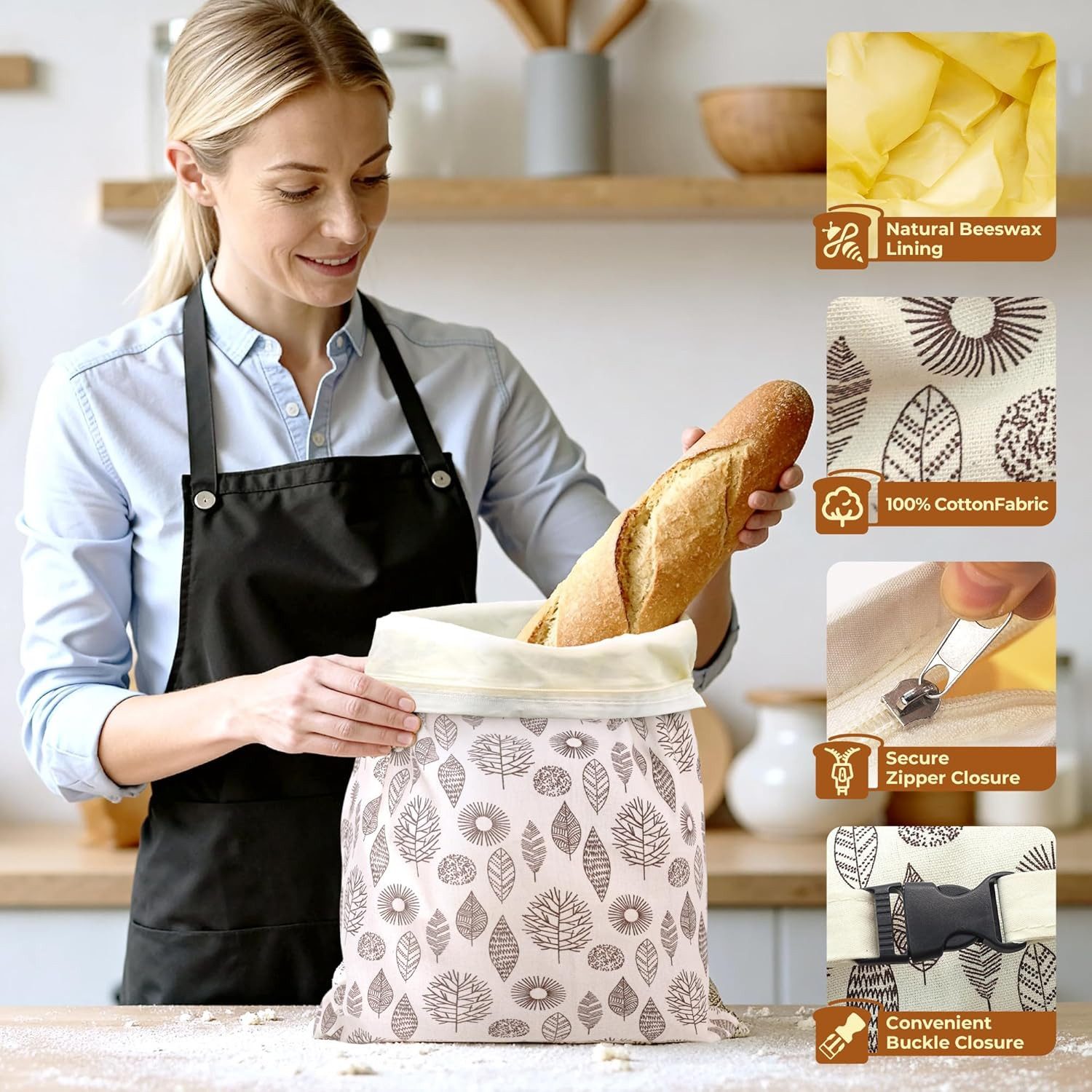 FELIXLEO Brottasche Bienenwachs Brotbeutel 43x33cm Wiederverwendbar 2er., (1-tlg) – Bild 3 von 5