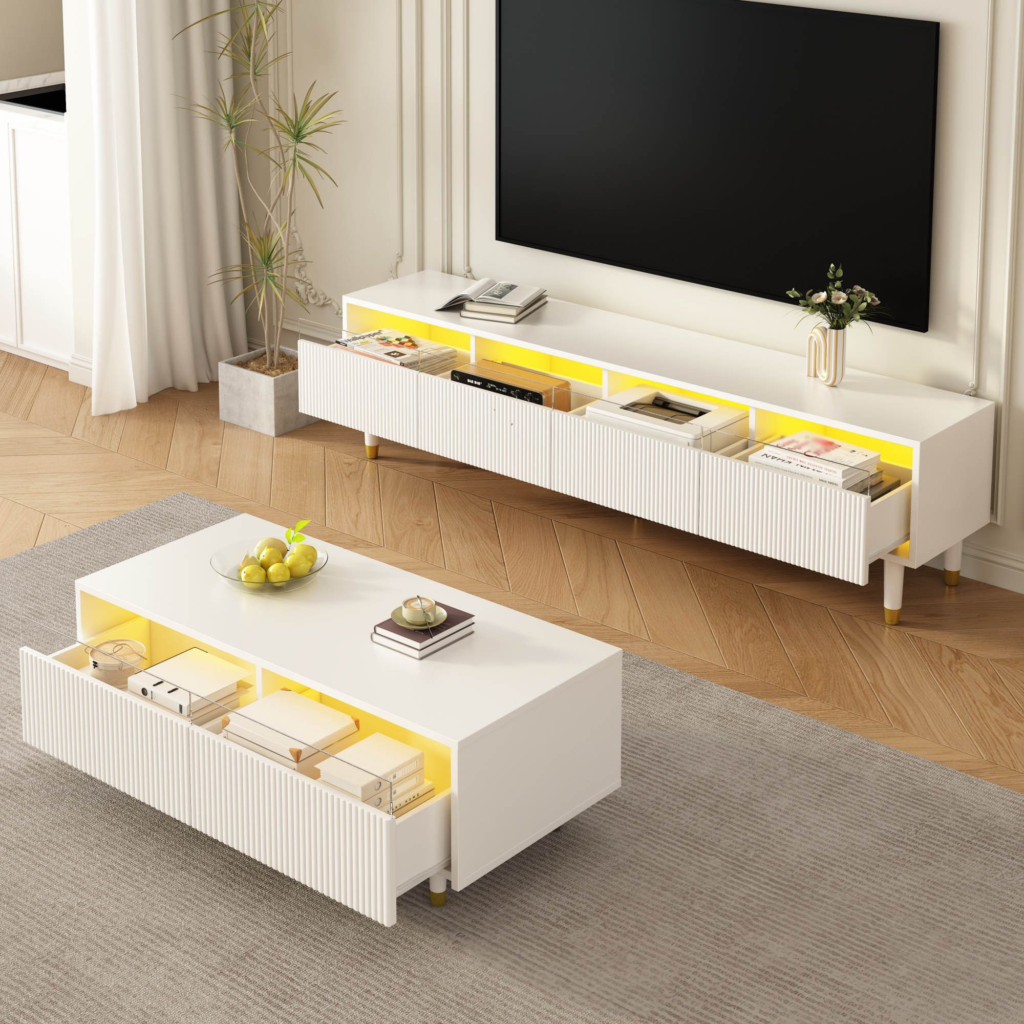 OKWISH Wohnzimmer-Set LED-Möbelset, (TV-Schrank+Wohnzimmertisch, 2-St., Cou günstig online kaufen