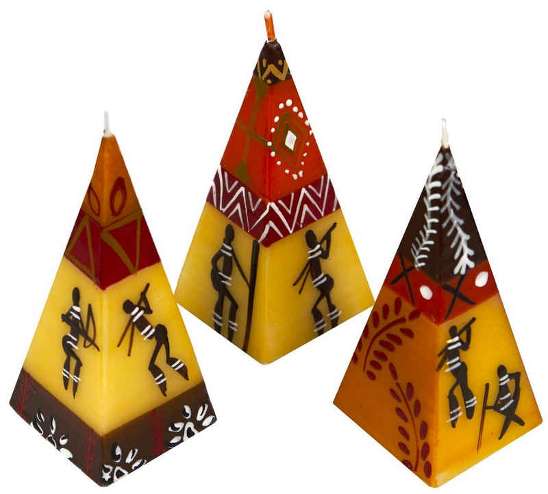 Afrika-Deko Formkerze 3er Set afrikanische Pyramidenkerzen (Spar-Set, 3 Kerzen), Afrika-Deko 3er Kerzenset handbemalte Pyramidenkerzen aus Afrika handgefertigte afrikanische Pyramiden Kerze in verschiedene Designs