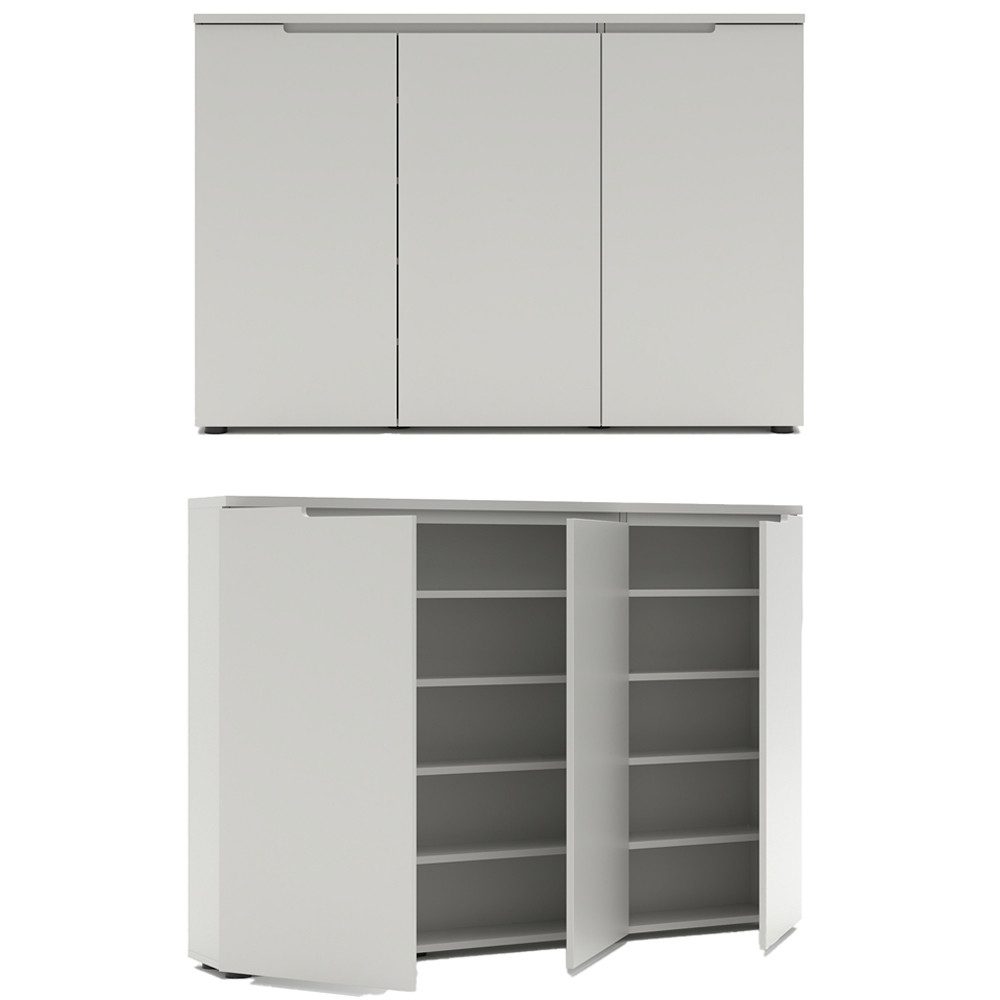 Lomadox Garderoben-Set BREDA-36, (Spar-Set, 4-St., Flurschrank Spiegel Ablage Garderobenpaneele), Grau hell Paneele mit Klapphaken Rillenoptik, inkl. Beleuchtung