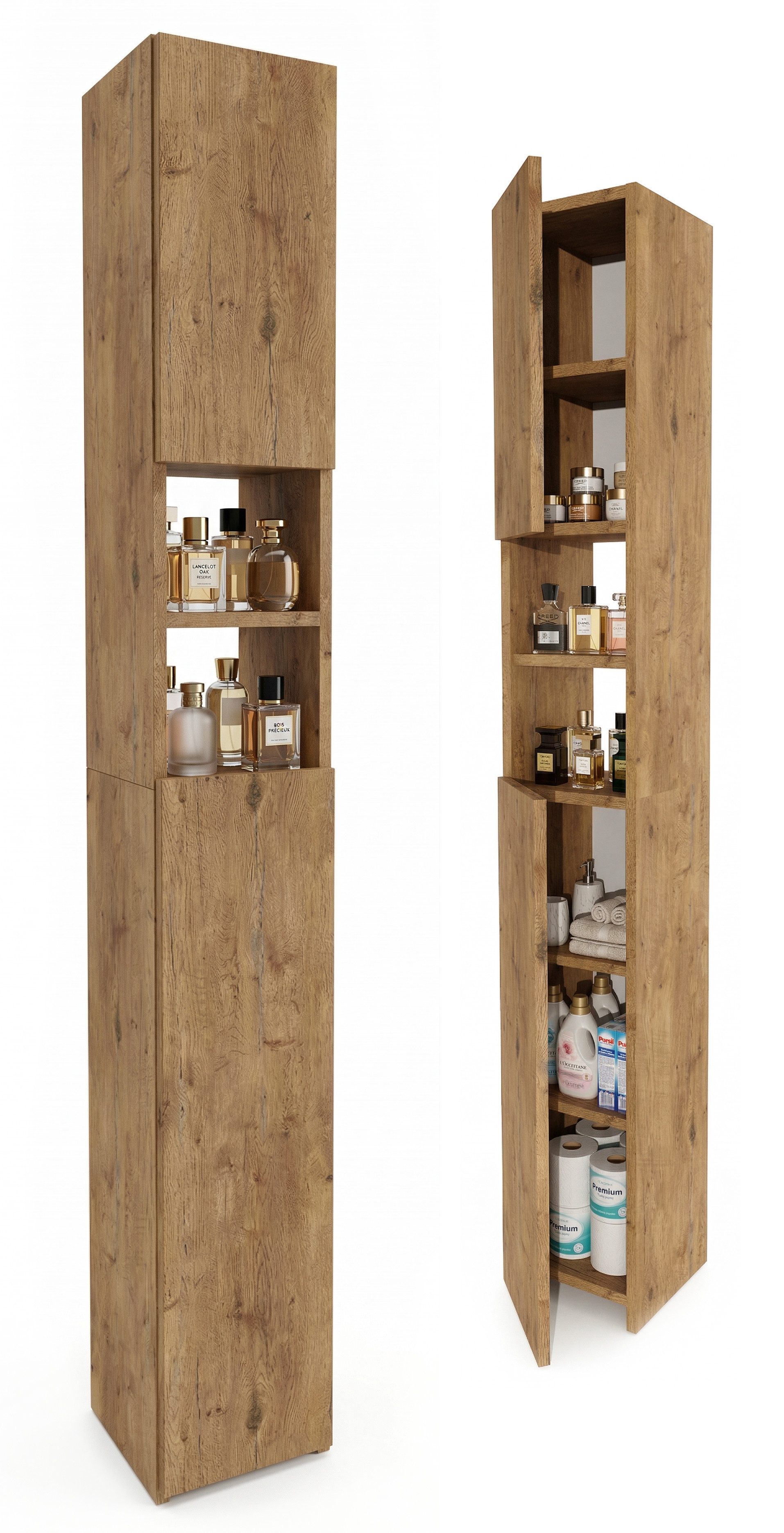 TREND WERK Hochschrank Badschrank schmal stehend B24 x T31 x H172 cm (Schmaler Badezimmerschrank mit Regalfächern & Stauraum) Holzoptik, offene & geschlossene Fächer, Standregal Bad, platzsparend