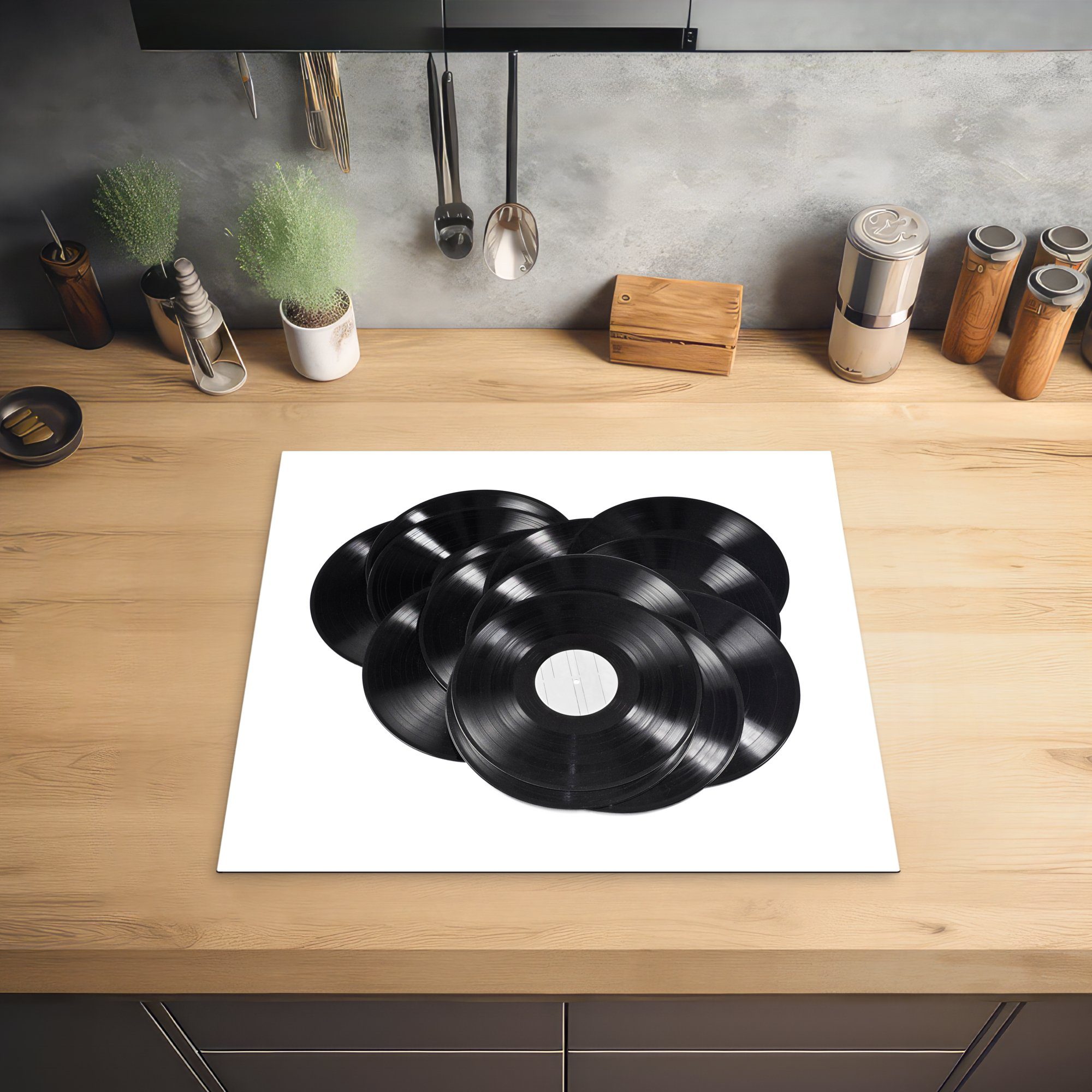 Vinyl-Schallplatten, Herdblende-/Abdeckplatte von cm, MuchoWow nutzbar, Arbeitsfläche tlg), (1 Vinyl, Ceranfeldabdeckung 60x52 Stapel Mobile