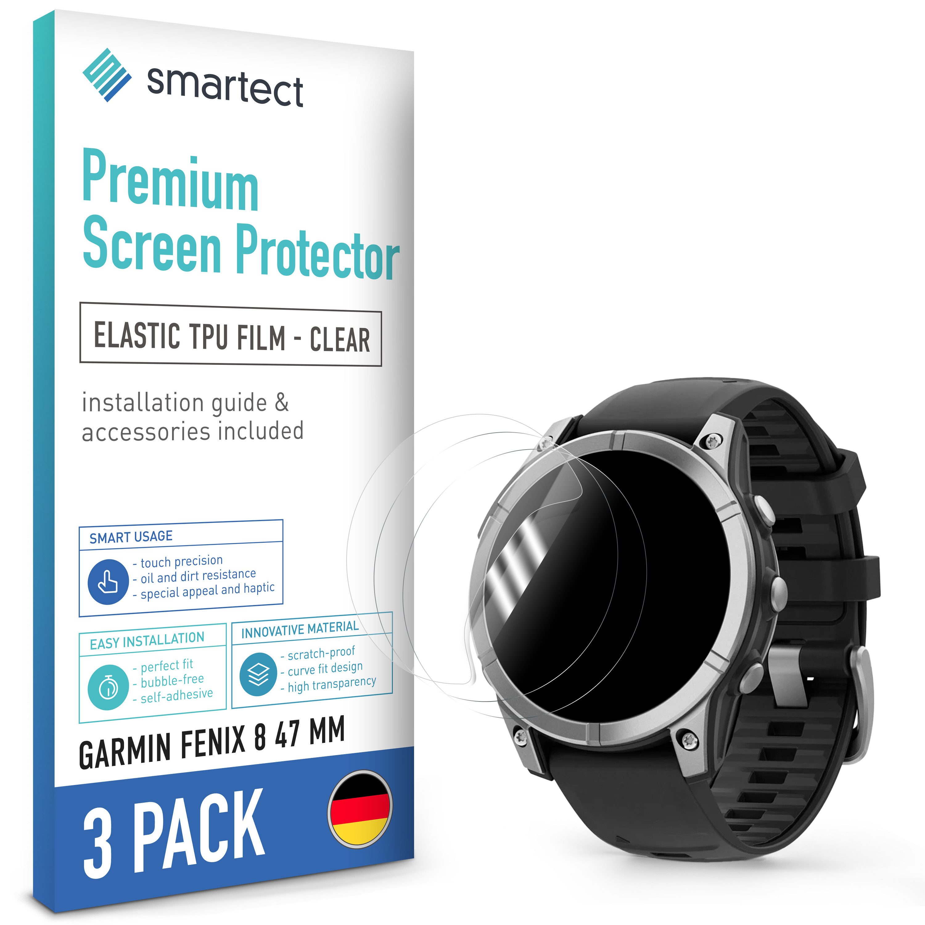 smartect Displayschutzfolie TPU Schutzfolie Klar für Garmin Fenix 8 47 mm, Set, 3 Stück, Panzerfolie Bildschirm Displayfolie