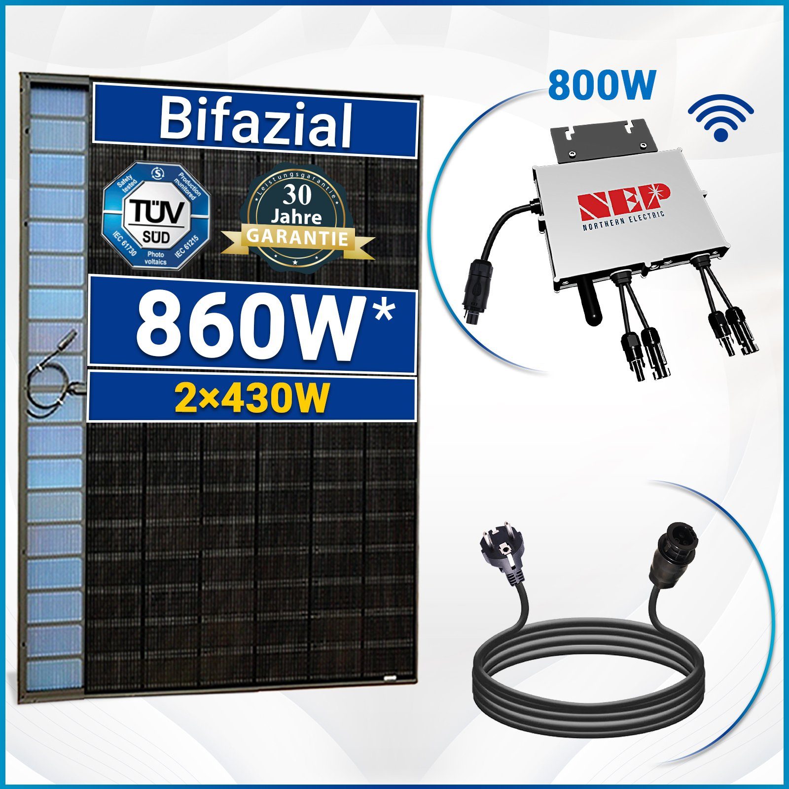 800W Schuckostecker NEP 10m SOLAR-HOOK und 860W Solaranlage Wechselrichter Komplettset Balkonkraftwerk Bifaziale Solarmodule, etm 2x430W WIFI mit