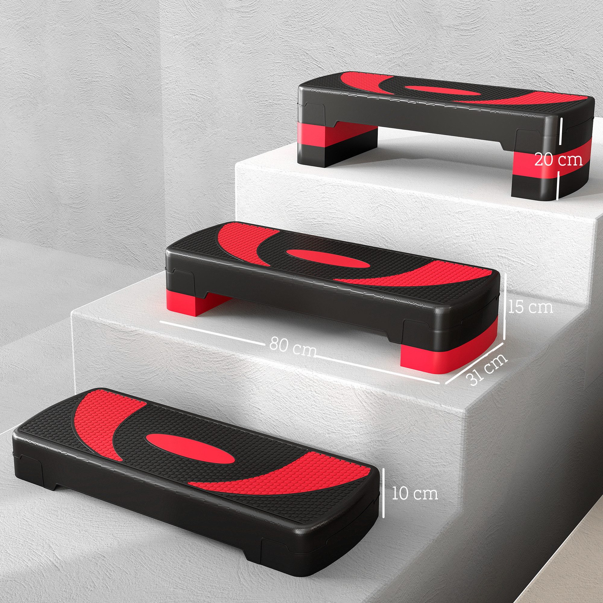 HOMCOM Stepper höhenverstellbar mit 3 Stufen, Fitness Heimtrainer (Aerobic-Stepper, 1-tlg., Steppbrett), für Indoor, Outdoor, Schwarz+Rot