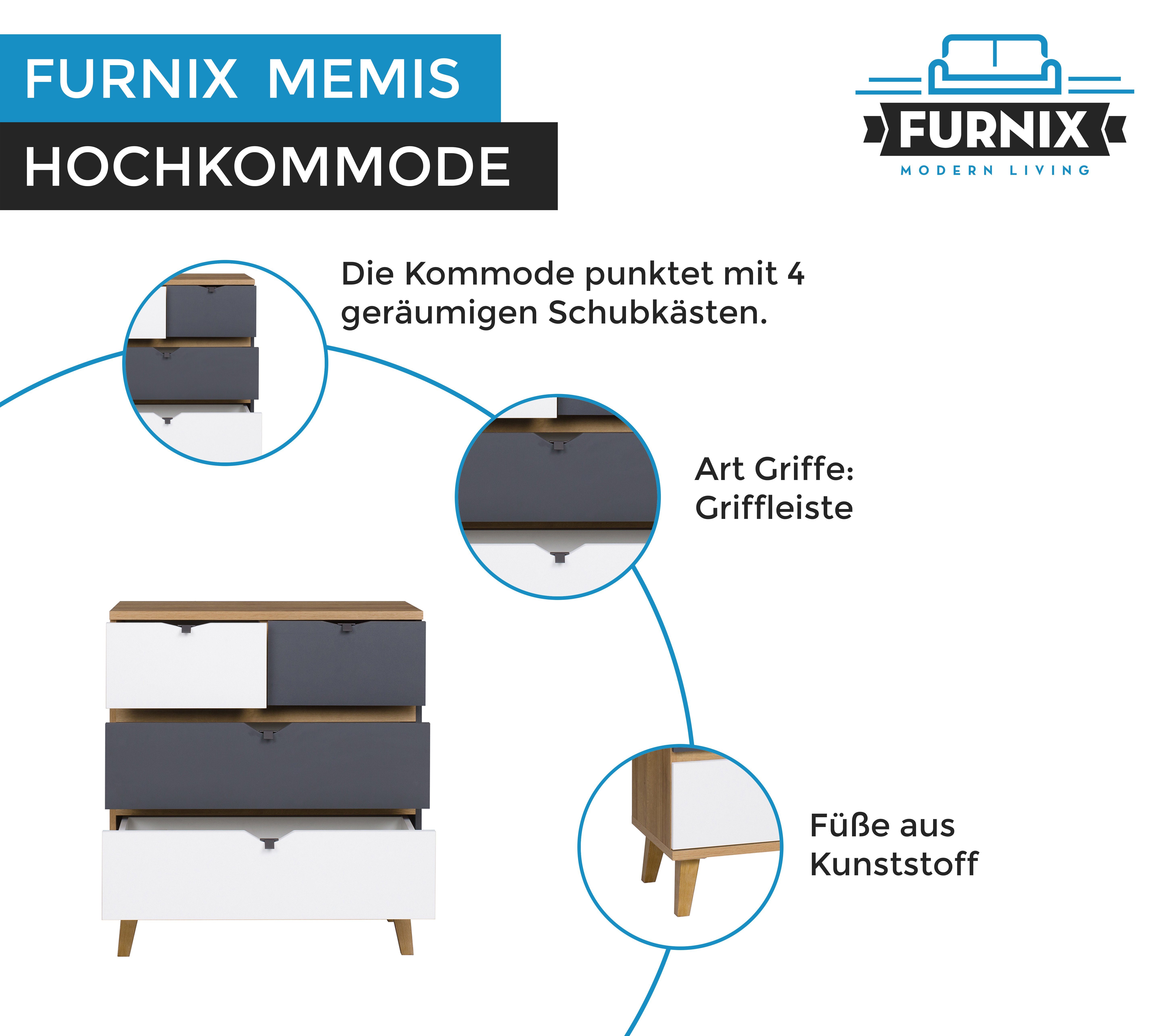 x mit B81 tiefen Furnix 4 Schubladen T40 Eiche/Weiß+Graphit, H90 K4SZ Hochkommode cm MEMIS Kommode x