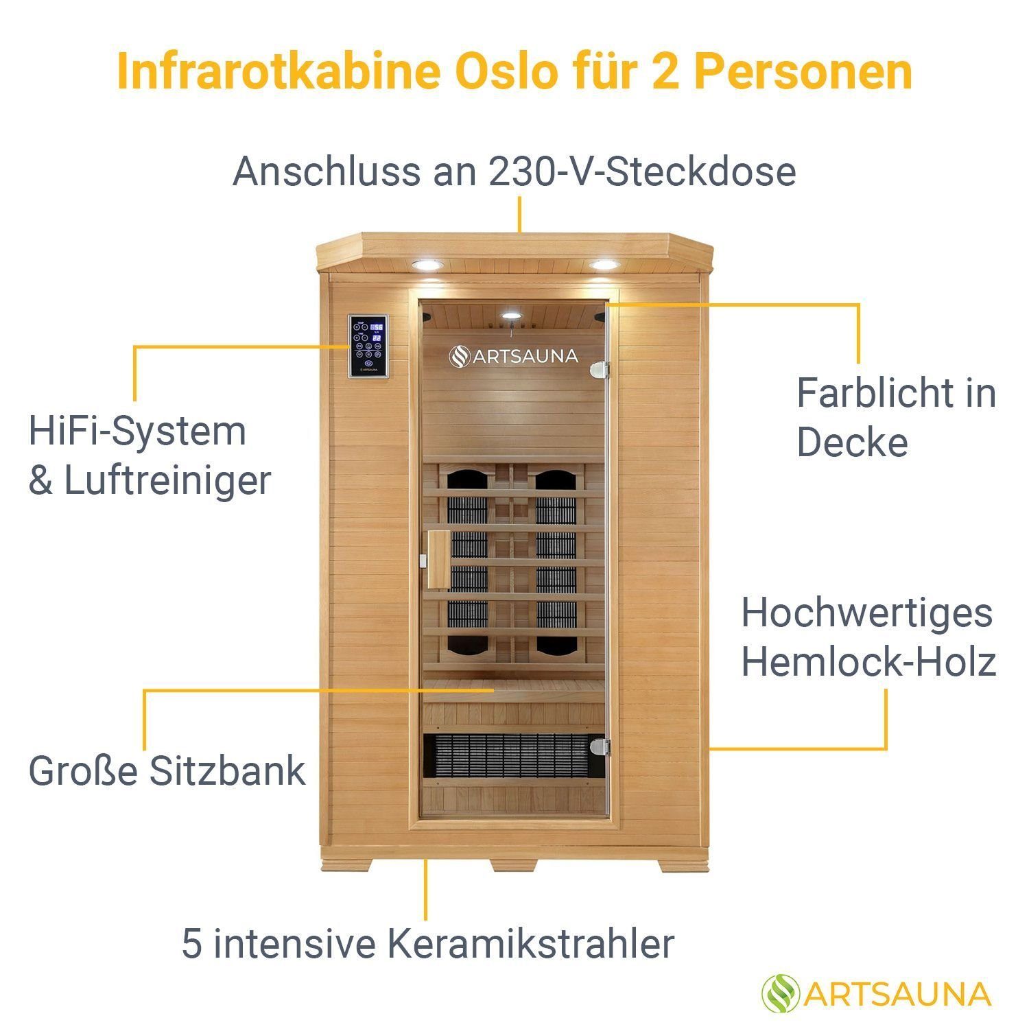 Artsauna Infrarotkabine Oslo, für 2 Personen, Hemlock-Holz, HiFi-System,  Ionisator, LED-Farblicht | Saunen