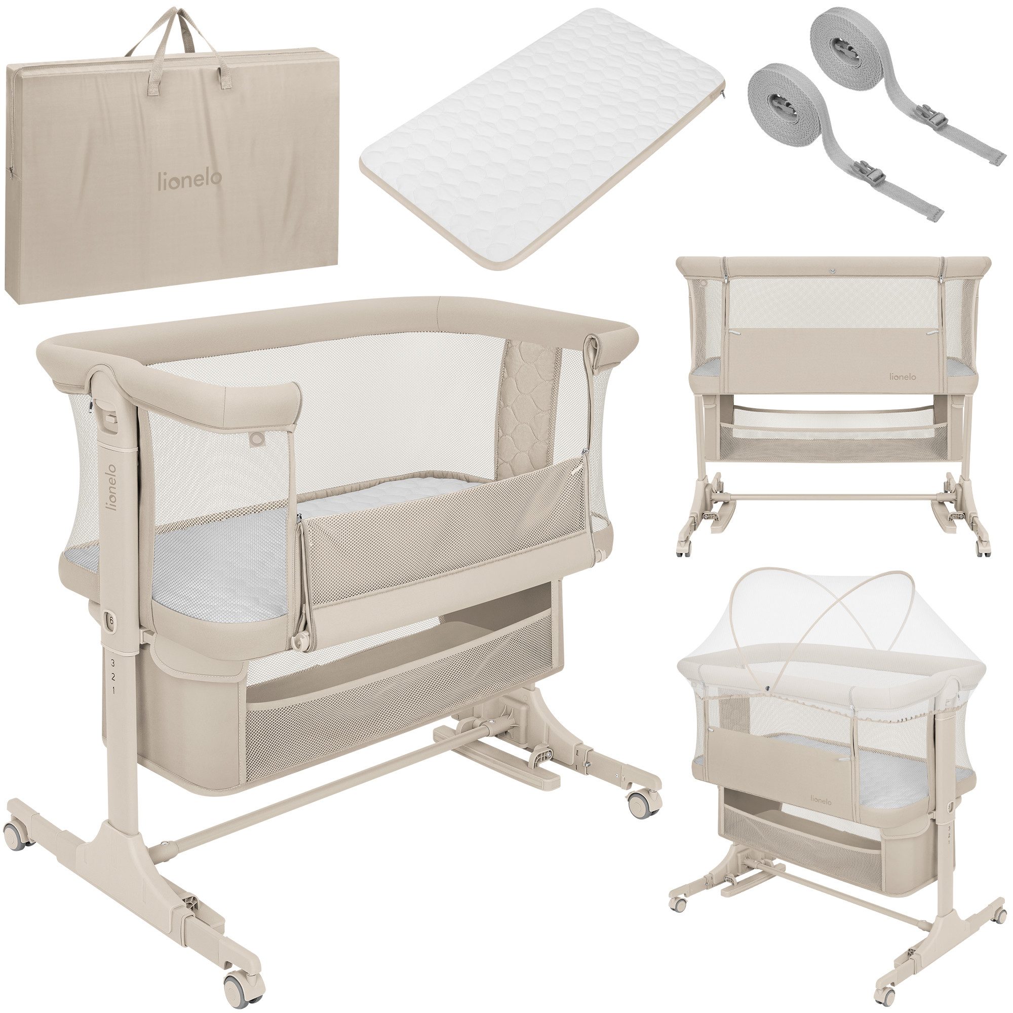 lionelo Baby-Reisebett JODIE, 3in1 Beistell/freistehend/Wiege/6 Stufen/Netzseiten/4 Rollen
