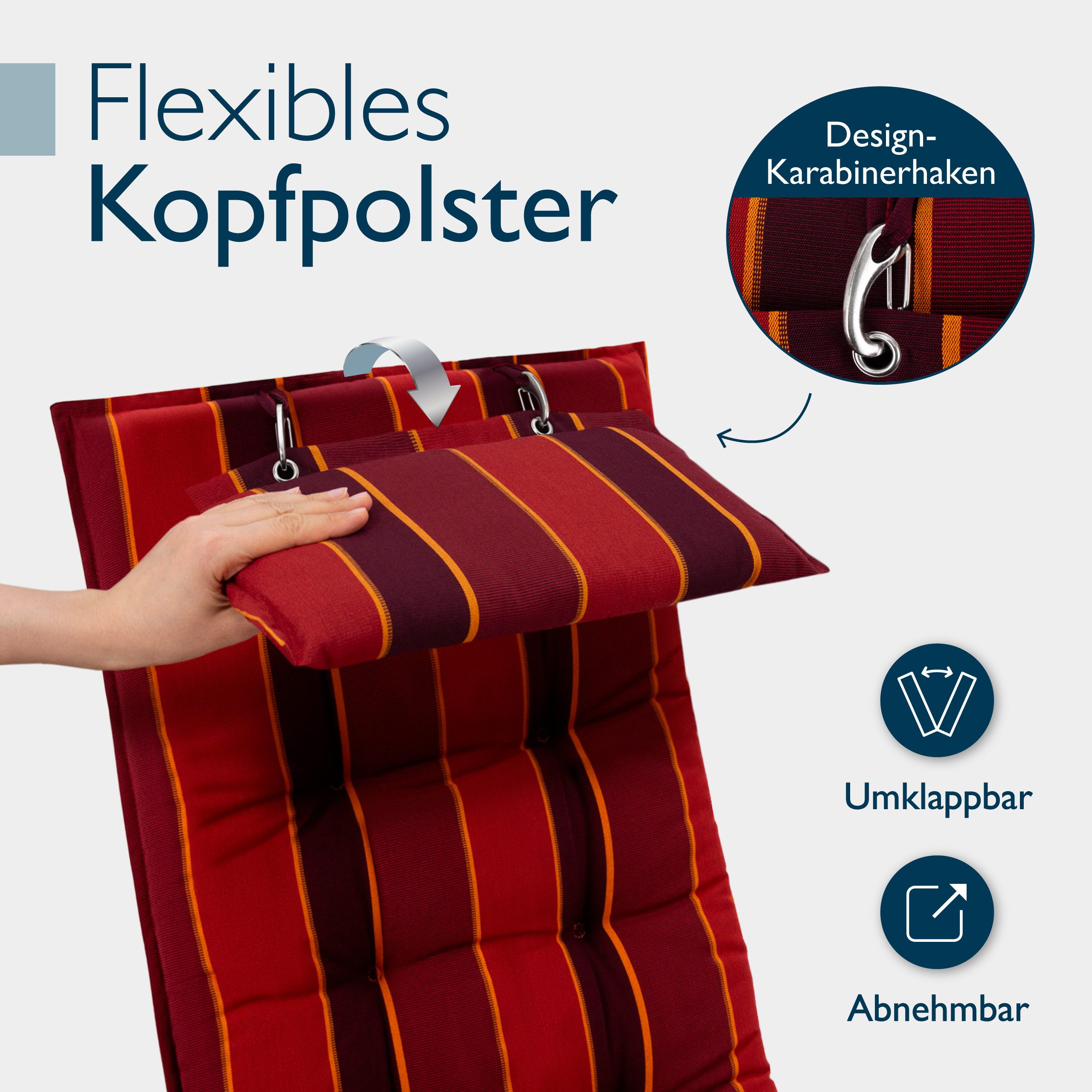 Beautissu Hochlehnerauflage 2er Set Sun-HL Hochlehner Auflage 120x50x8cm Rot-Anthrazit-Gestreift, Mit Kopfpolster, rutschfest & robust – Befestigungsbänder, UV  – Bild 3 von 5