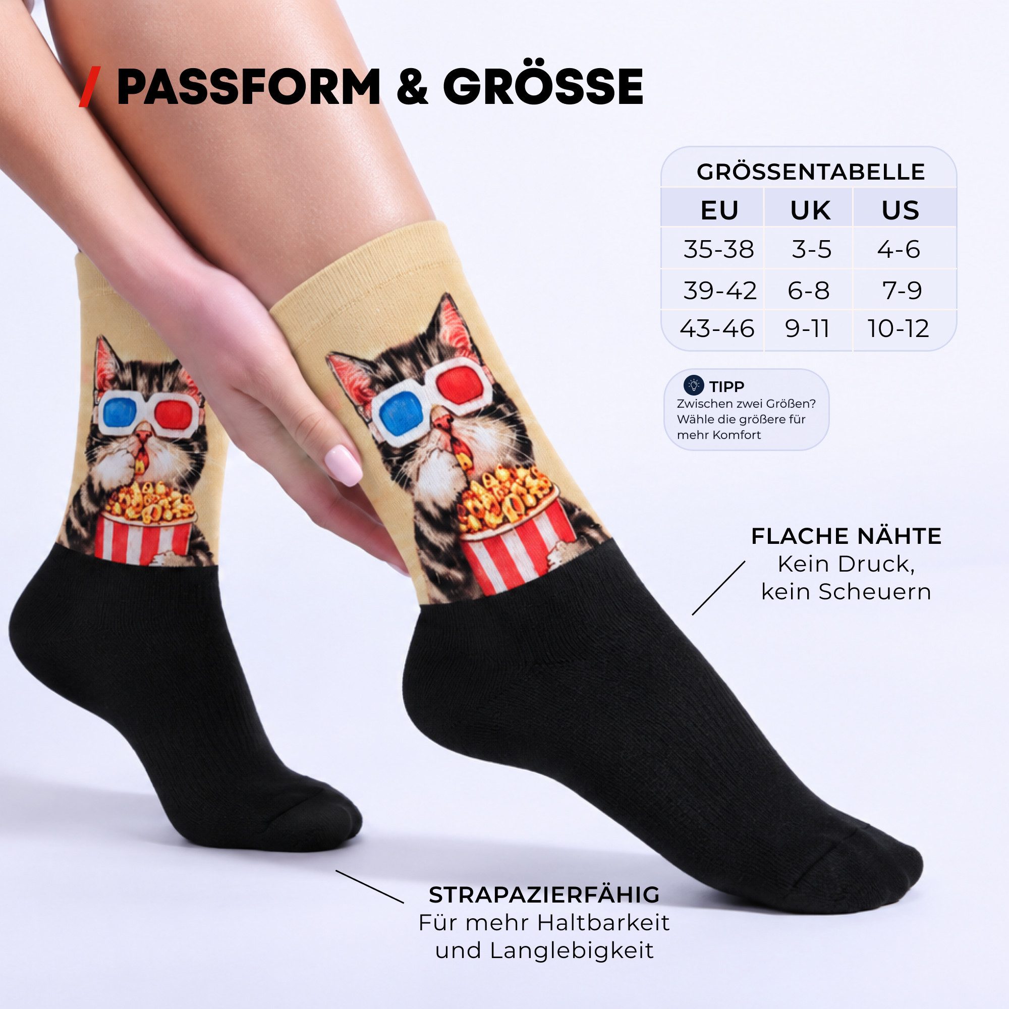 Chili Lifestyle Freizeitsocken Motivsocken Lustige Socken mit Banderole als Geschenksocken (1-Paar, Auffällige Socken mit Katze Popcorn Motiv – OneSize) Weichbu – Bild 5 von 5