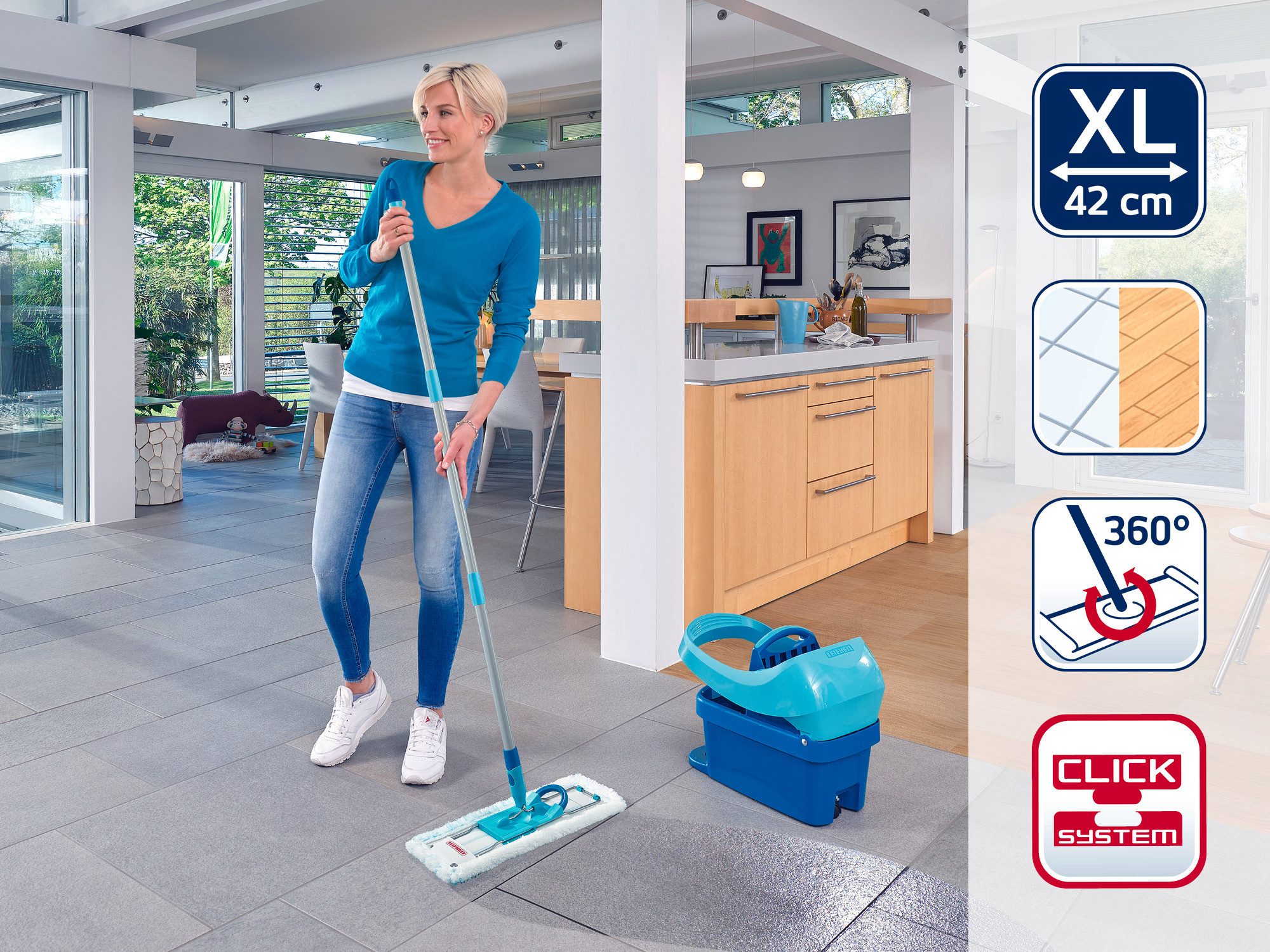 Leifheit Wischmopp Bodenwischer Profi XL micro duo, (3-St), Waschbar bei 60°C, Wischbreite 42cm, Arbeitshöhe 146cm, Microfaser