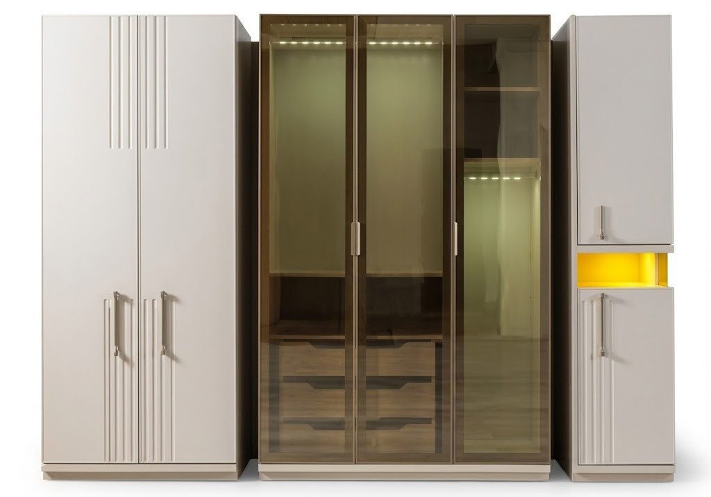 Xlmoebel Drehtürenschrank Kleiderschrank Schrank Beige Modern Eleganter Luxus Glas Beleuchtung (Kleiderschrank, 1-St., 1-tlg)