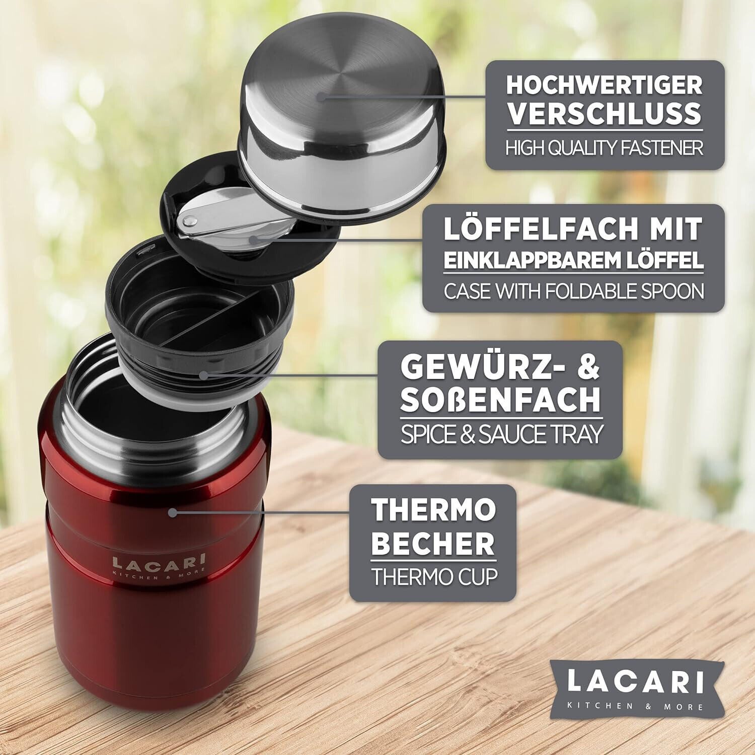 LACARI Thermobehälter Thermobehälter 700ml Thermobox Rot Lacari auslaufsicher Edelstahl, Edelstahl, (Packung), mit zusätzlicher Isoliertasche, klappbarer Löffel – Bild 3 von 5