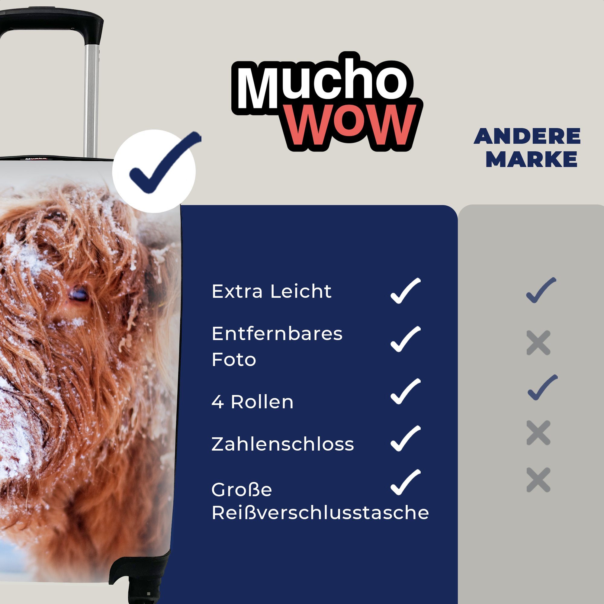 MuchoWow Trolley, - Reisekoffer für Reisetasche mit Handgepäck Schnee 4 Braun, Handgepäckkoffer Schottischer Highlander rollen, Ferien, Rollen, -