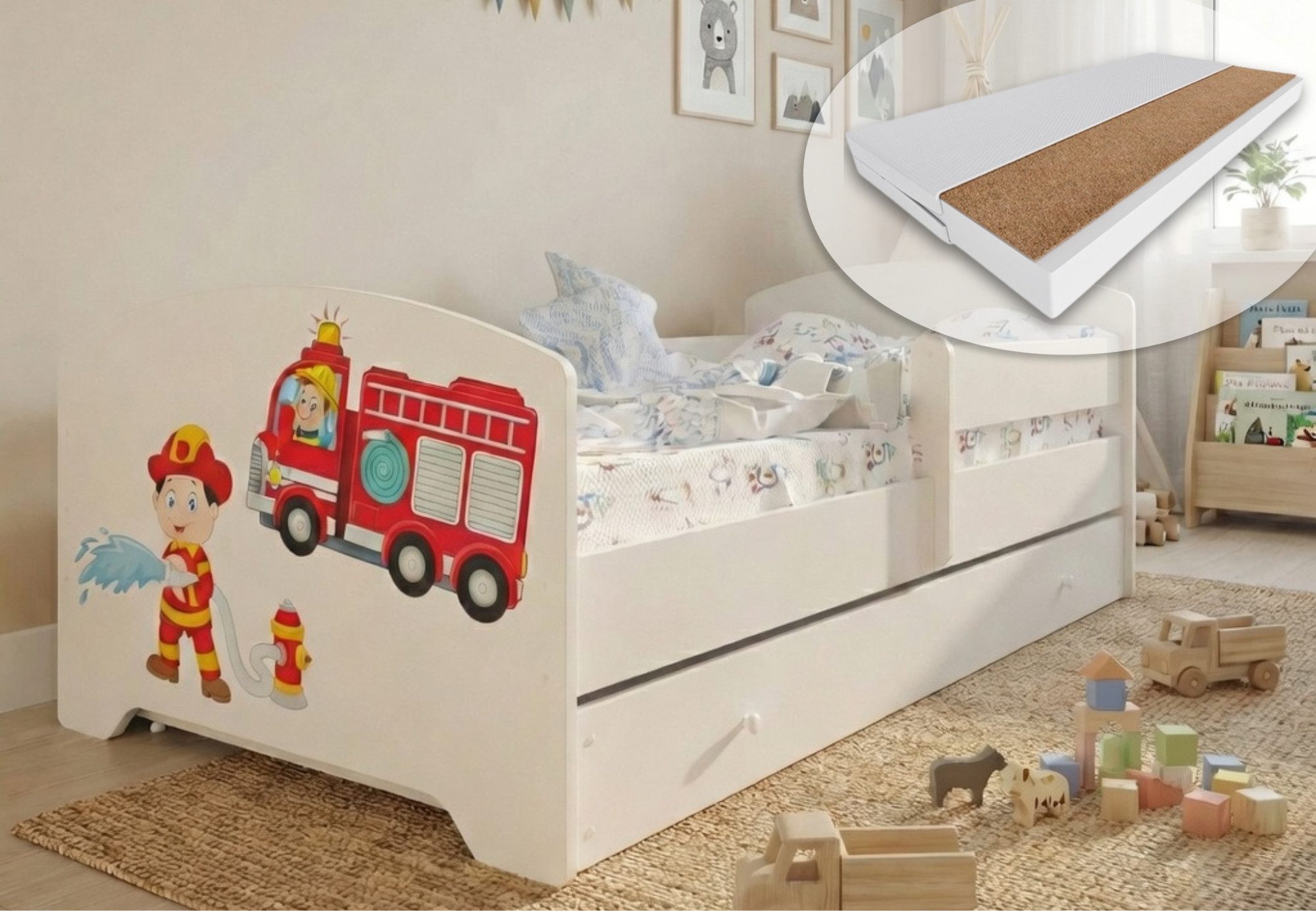 Kids Collective Kinderbett 70x140 / 80x160 cm Komplettset mit Matratze & Schublade (Bett für Jungen und Mädchen, Einzelbett für Kinder von 2 - 10 Jahren), komplettes Set mit Feuerwehr Motiv für Jungen und Mädchen 80x160 cm