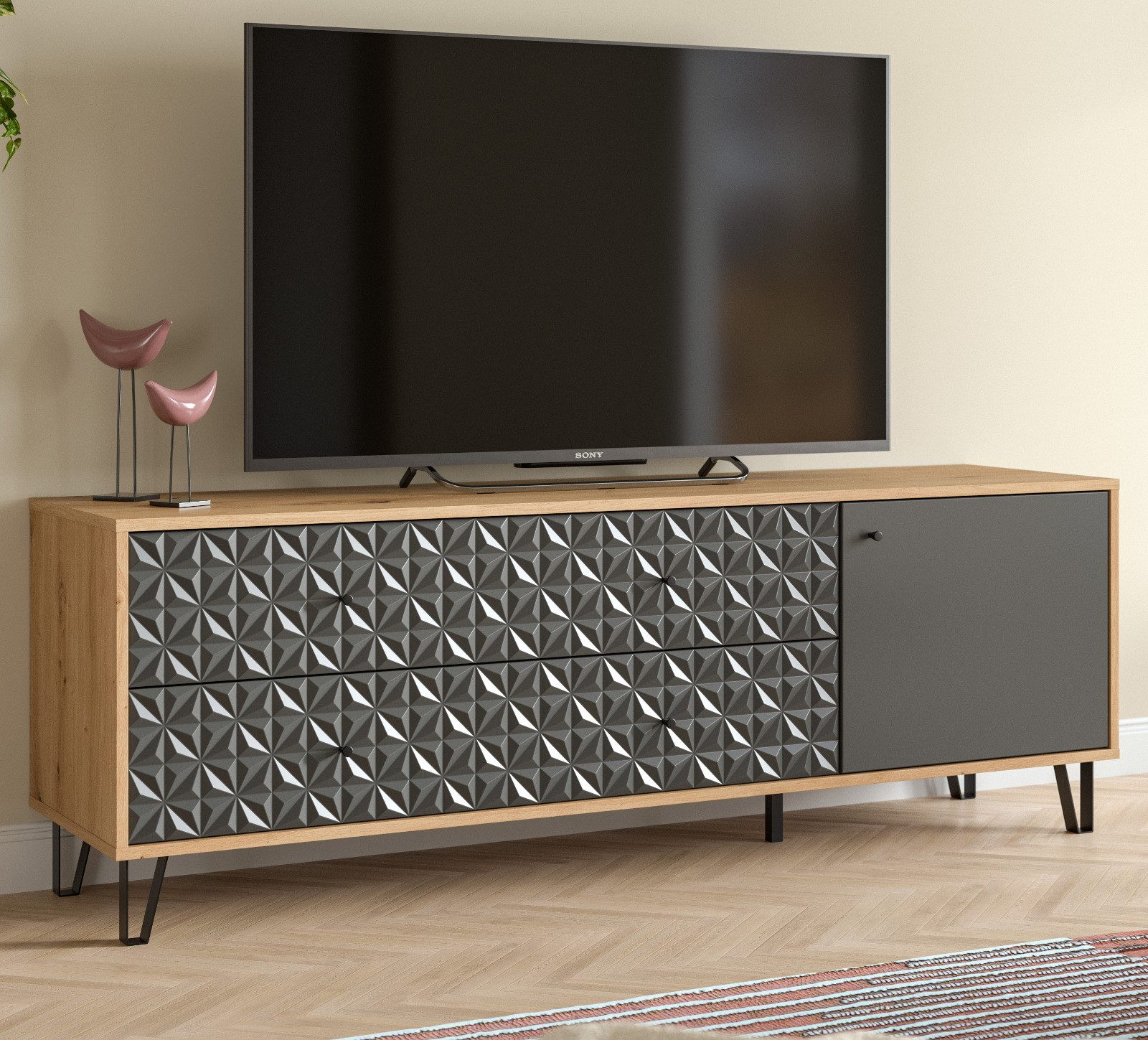 Furn.Design Lowboard Relief (Flat-TV Unterschrank in Grau und Eiche Artisan, 164 x 56 cm), mit Vollauszug