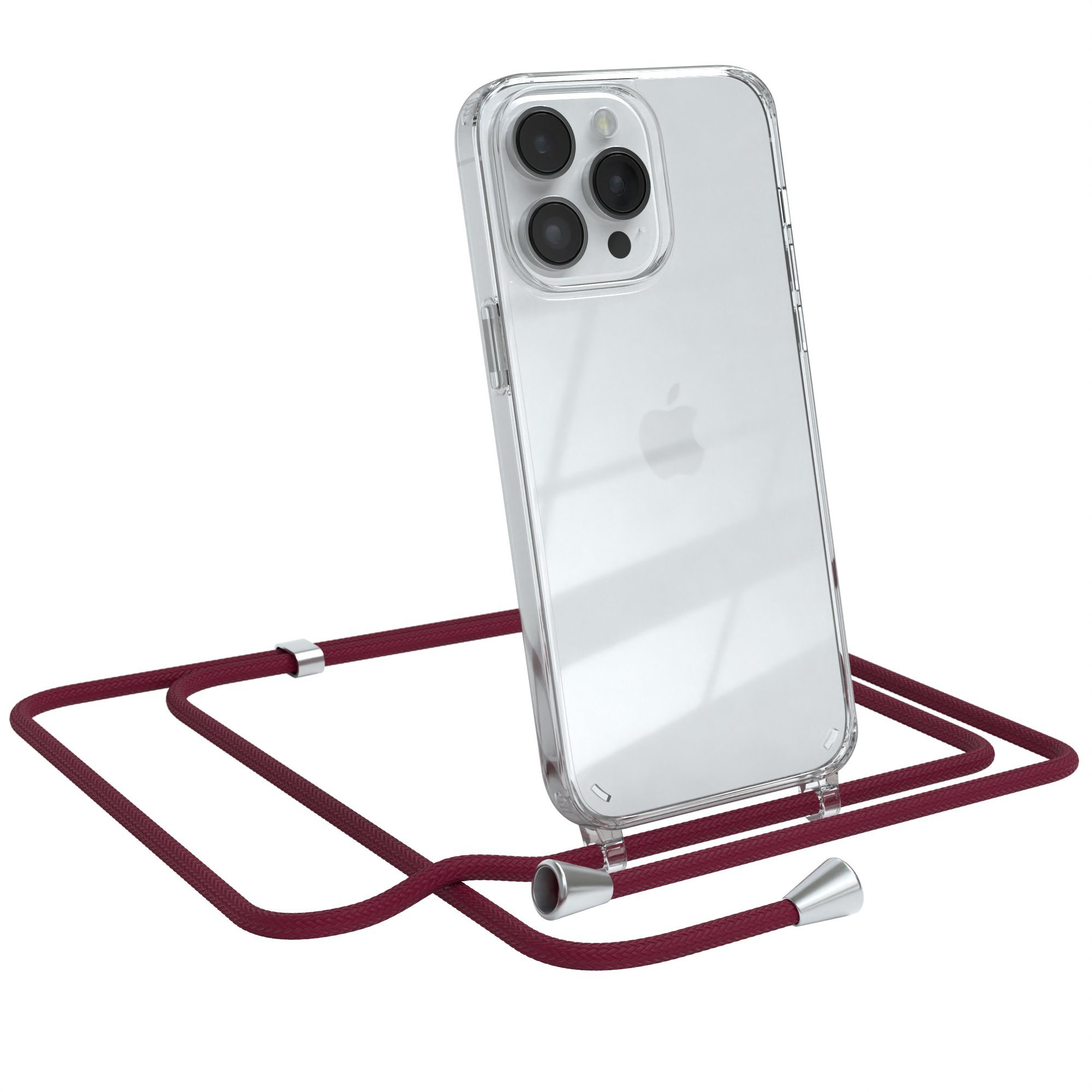 EAZY CASE Handykette Hülle mit Kette für Apple iPhone 14 Pro Max 6,7 Zoll,  Silikonhülle durchsichtig mit Umhängeband Handytasche Bordeaux Rot