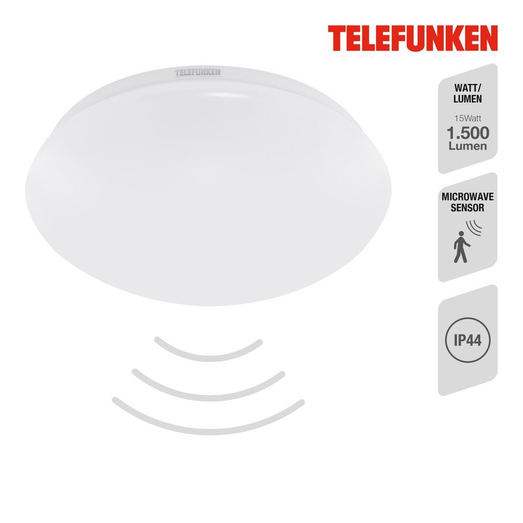 Telefunken LED Deckenleuchte 601206TF, Leuchtdauer einstellbar, LED fest integriert, 2700K - Extra-Warmweiß, Deckenleuchte Sensor 15W 1500lm 4000K Ø 27,8cm