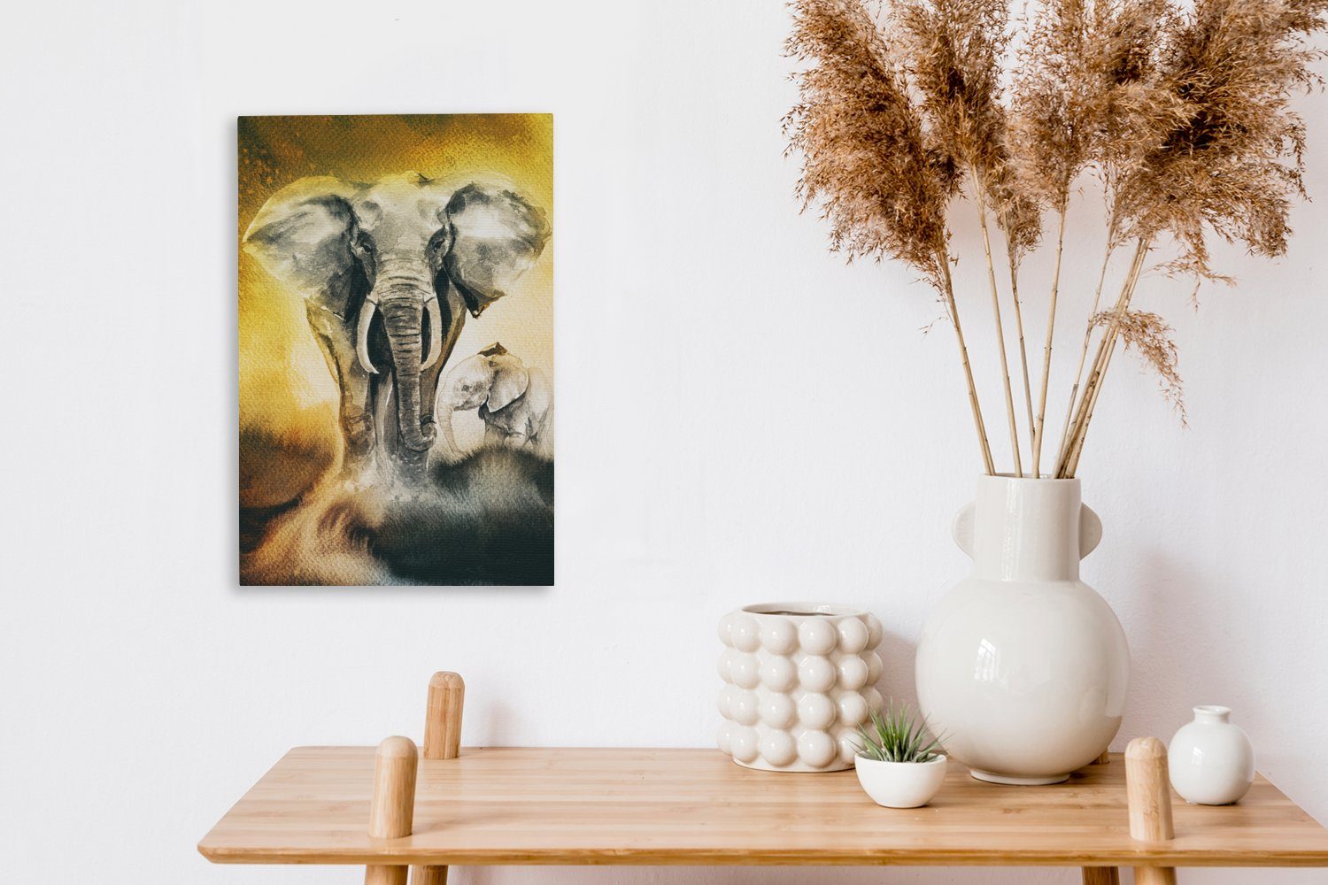 OneMillionCanvasses® Leinwandbild Elefant bespannt Gemälde, Zackenaufhänger, Gelb, inkl. 20x30 Leinwandbild cm St), Aquarellfarbe - (1 fertig 