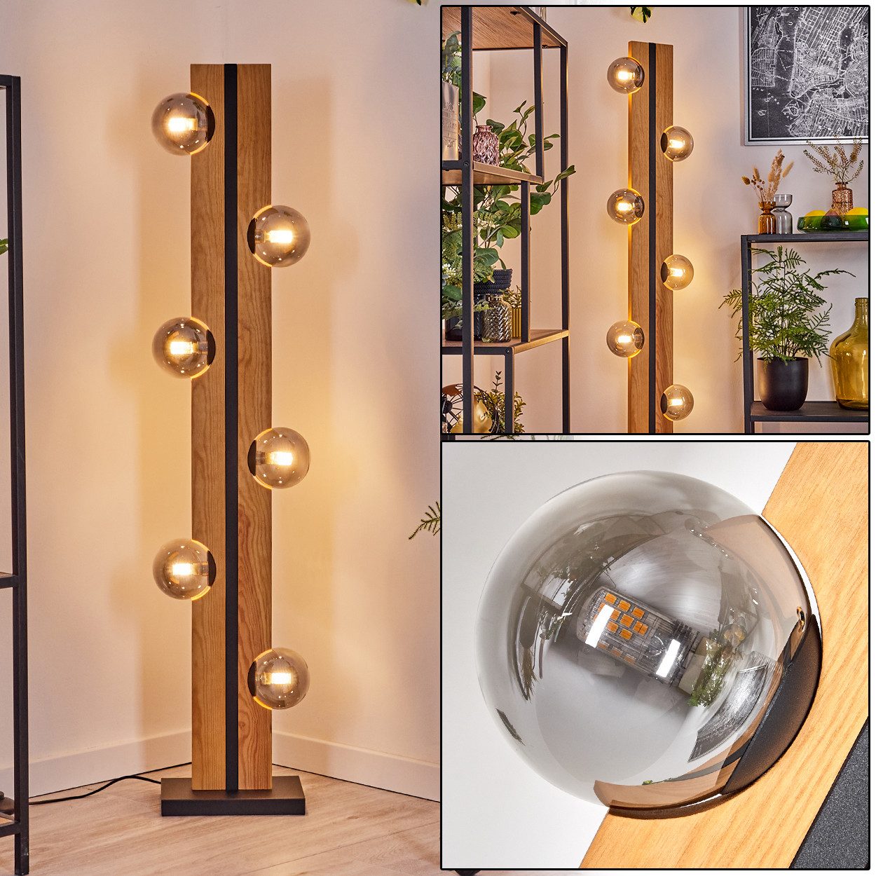 hofstein Stehlampe Stehlampe aus Holz/Metall/Glas in Natur/Schwarz/Rauchfar günstig online kaufen