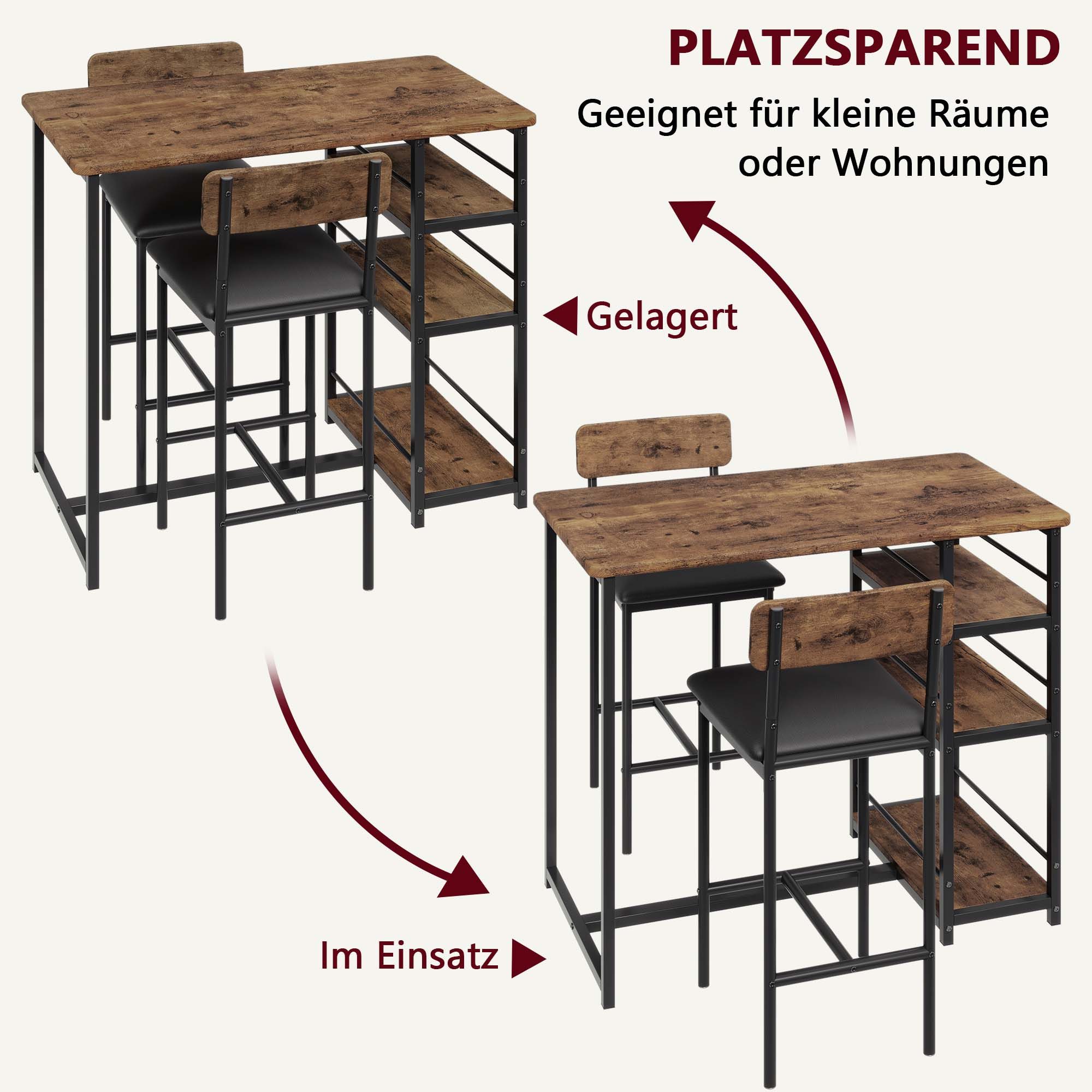 GarveeMore Essgruppe Ktichen Tisch mit 2 Stühlen für Küche & Esszimmer, Bartisch Esstisch mit 2 Gepolsterter Sitz und 3 Ablagen