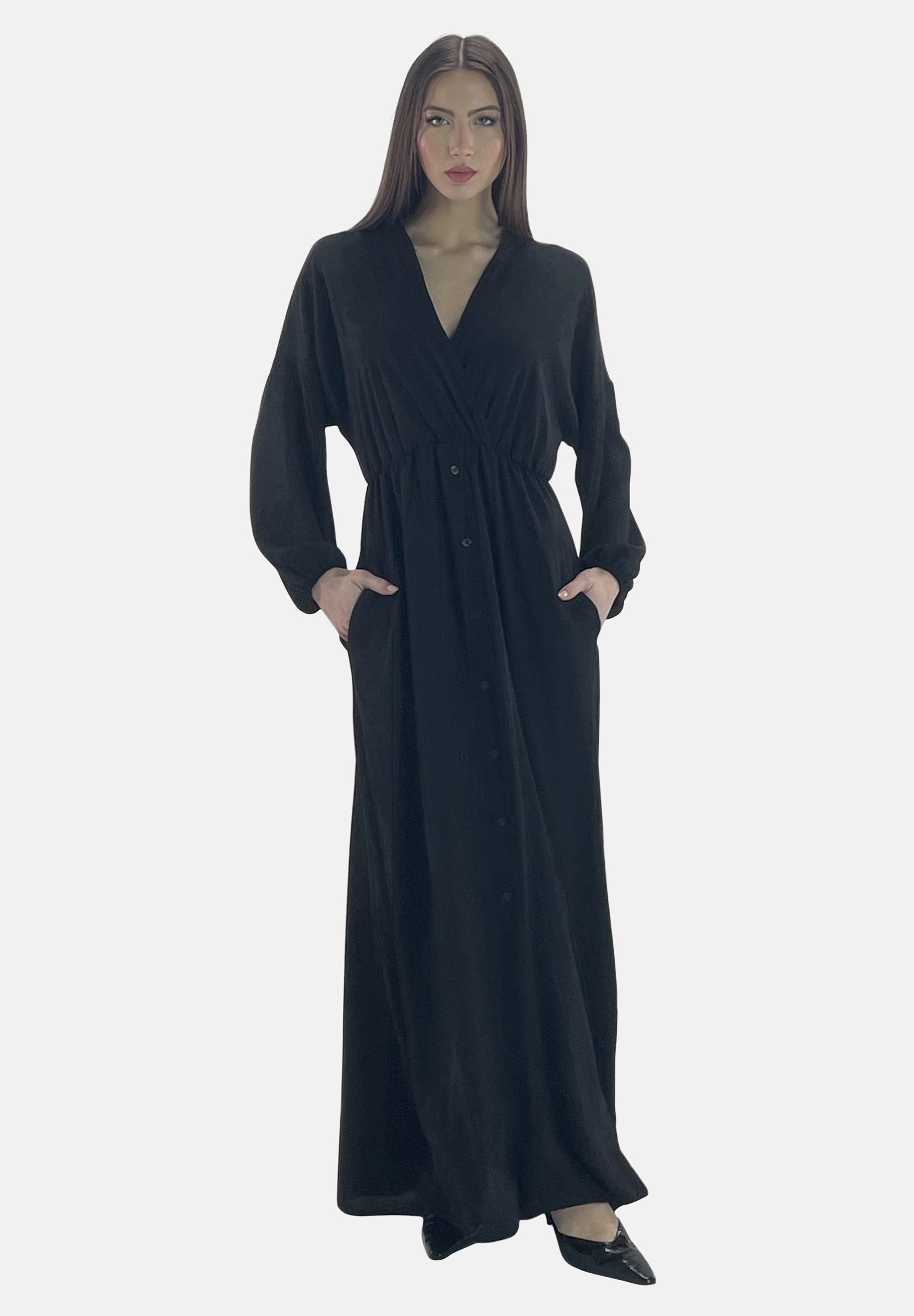 Elara Maxikleid — Sommerkleid langarm in One Size mit Wickelausschnitt