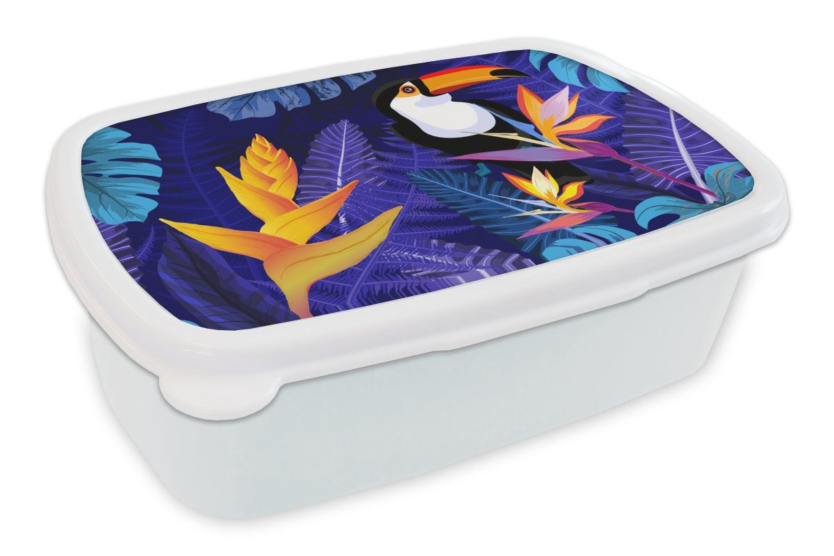 MuchoWow Lunchbox Dschungel - Tukan - Blumen - Pflanzen - Kinder - Lila - Tiere, Kunststoff, (2-tlg), Brotbox für Kinder und Erwachsene, Brotdose, für Jungs und Mädchen weiß | Lunchboxen