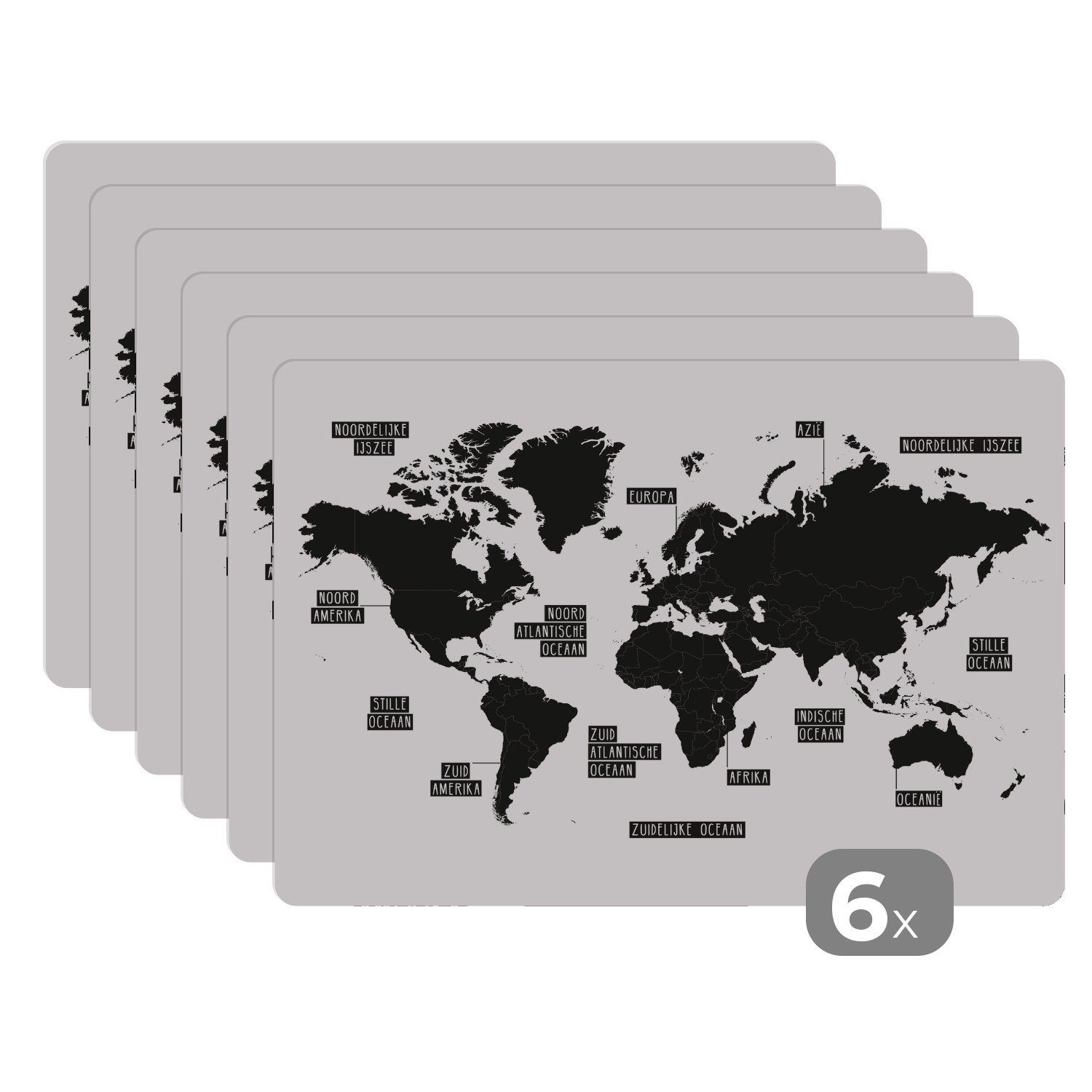 Platzset, Weltkarte - Schwarz und weiß, MuchoWow, (6-St), Platzset, Platzdecken, Platzmatte, Tischmatten, Schmutzabweisend