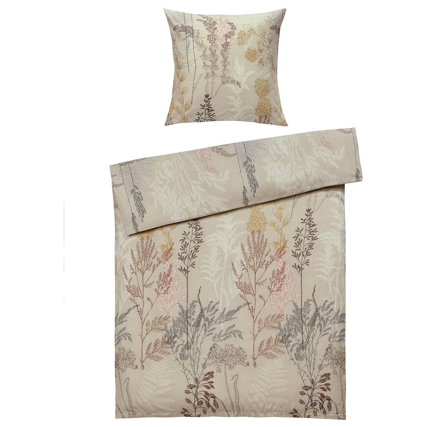 casa NOVA Bettwäsche CAROL, 135 x 200 cm, Beige, Braun, Gelb, Satin, 2 teilig, florales Muster, mit Reißverschluss