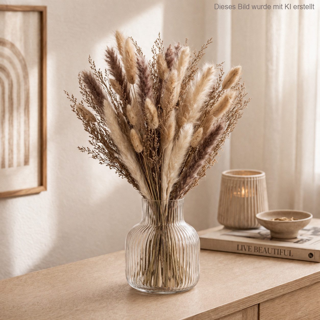 Trockenblume Trockengräser Strauss Deko Gräser getrocknet in Naturfarben, XiRRiX, Höhe 45 cm, Gräser Deko, Trockenblumenstrauss