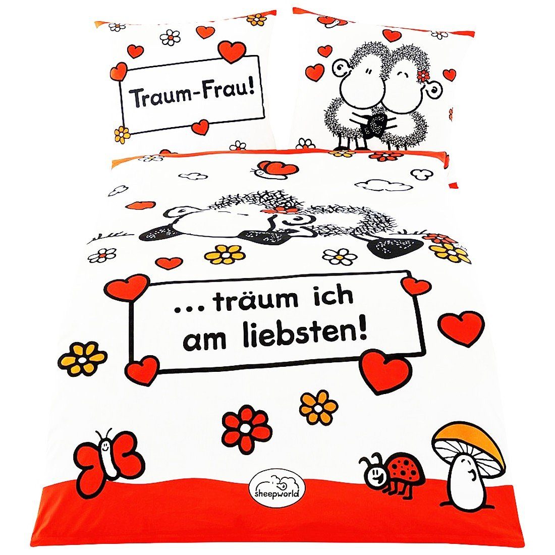 JACK Bettwäsche JACK Renforcé Bettwäsche sheepworld Traum Frau 135x200cm 2 tlg. Herzen, Renforcé, 2 teilig, Wendebettwäsche mit witzigem Schaf und Herzen, Reißverschluss