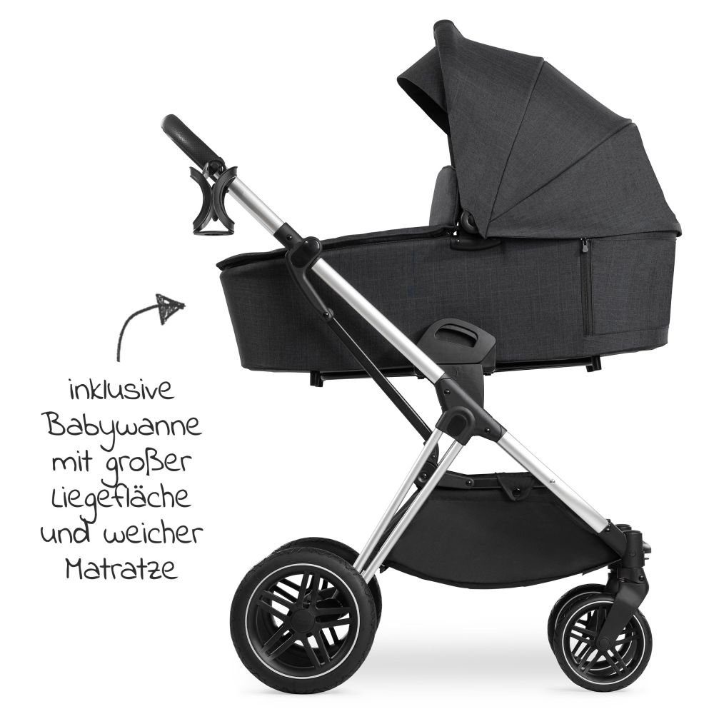 2in1 Set Buggy Sportsitz - (7-tlg), Regenschutz Duoset mit X Kombi-Kinderwagen Hauck Melange Vision Black, und Kinderwagen Silver Babywanne,