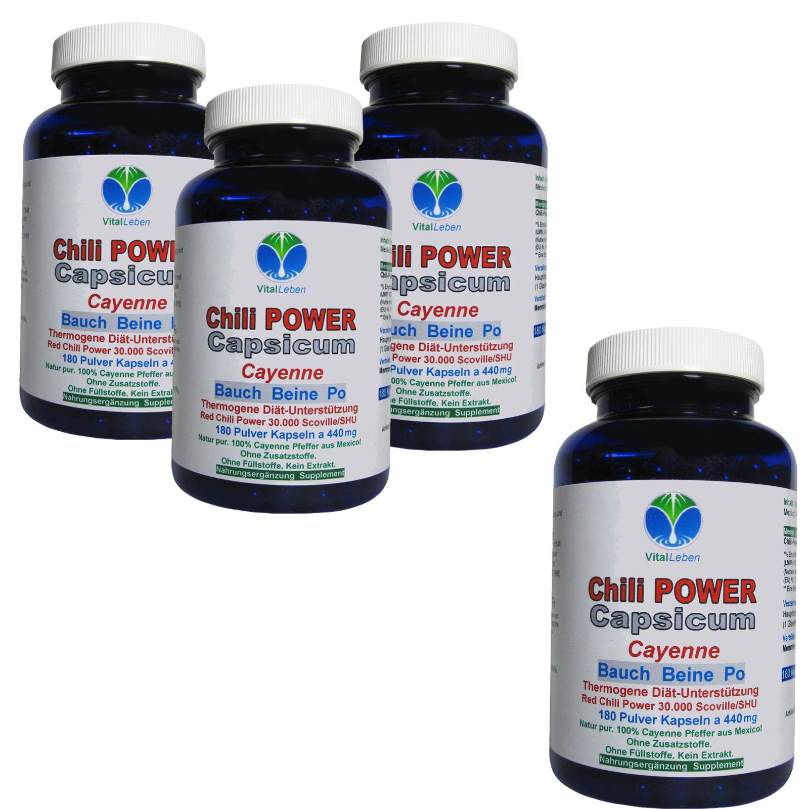 VitalLeben Red Chili Power Cayennepfeffer Capsaicin Pulver - Ohne Zusatzstoffe - Kapseln, 4 er Dose à 180 St., 316,8 g, Art. 26595-720